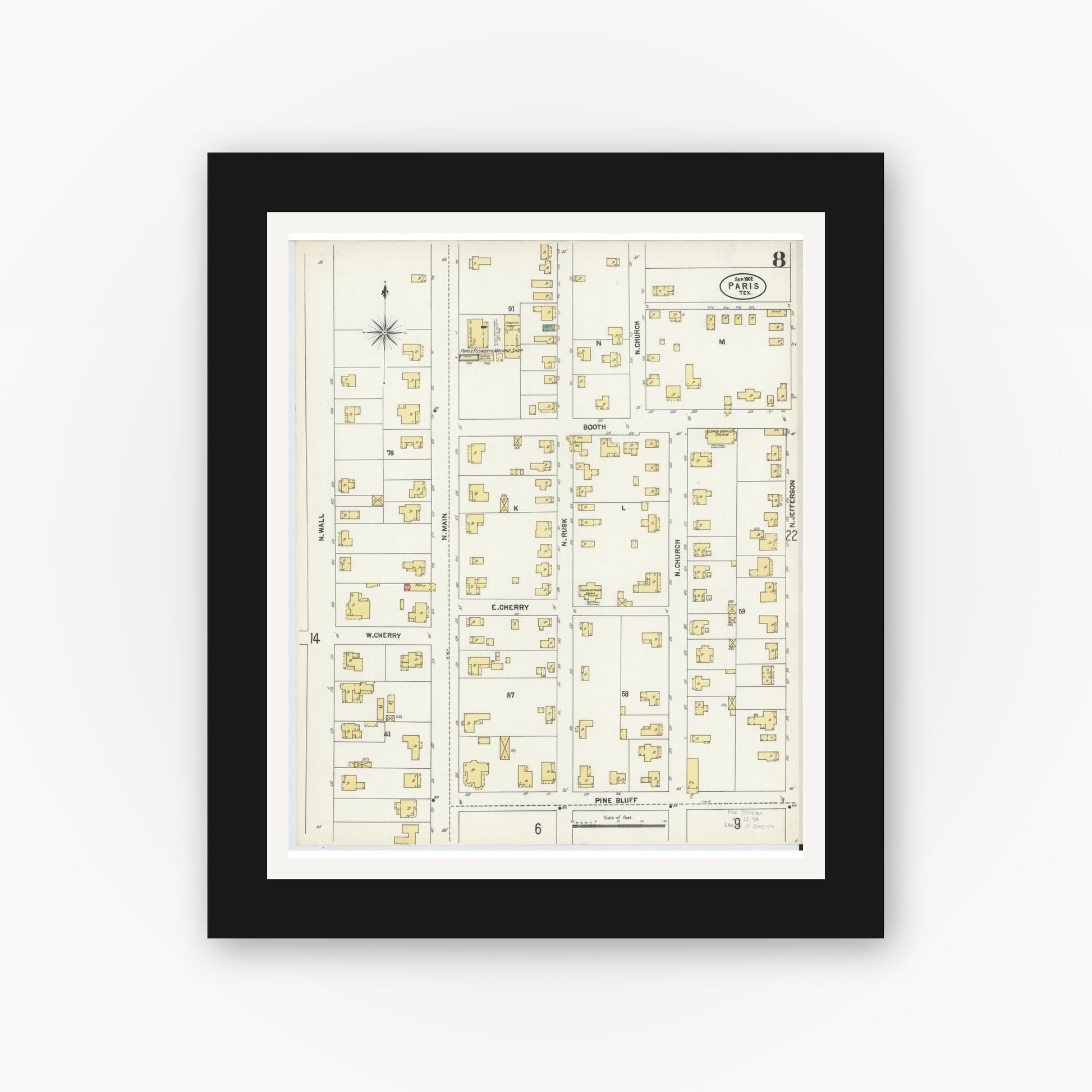 Old map wall art mockup — black gallery frame with white mat — Sanborn Fire Insurance Map from Paris, Lamar County, Texas (1902), Sheet #0008