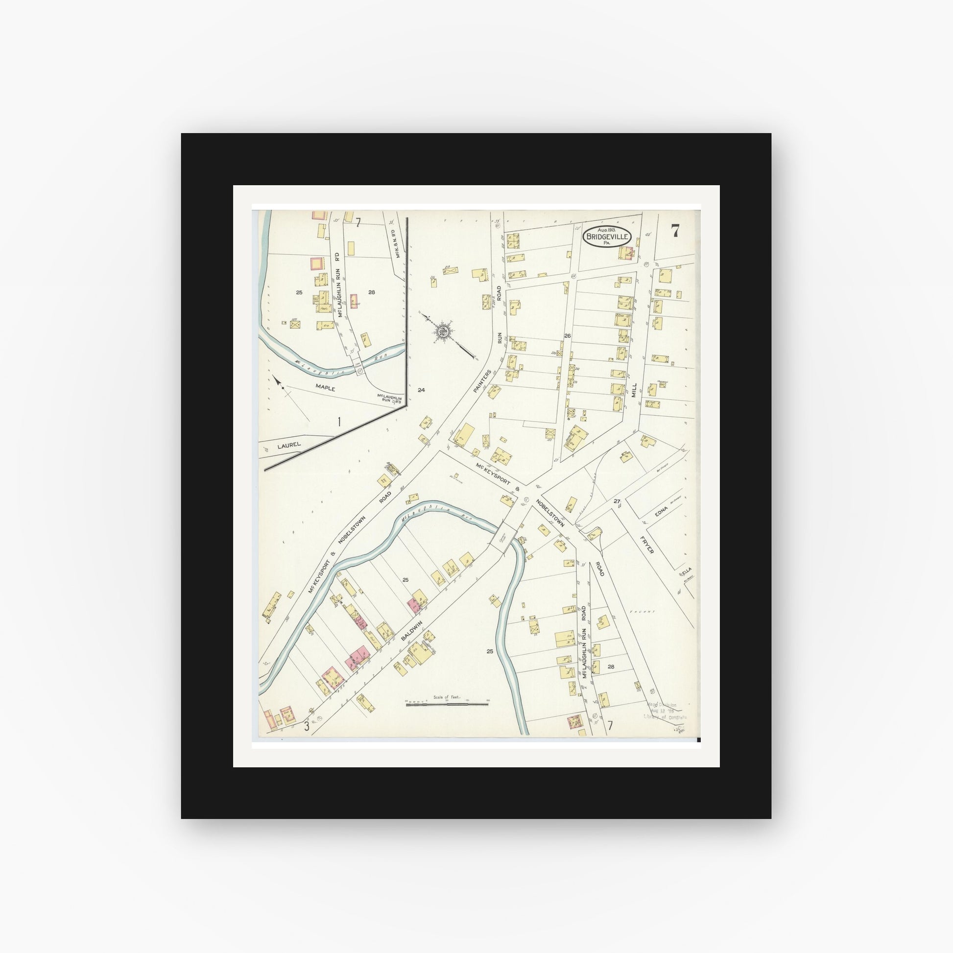 Old map wall art mockup — black gallery frame with white mat — Sanborn Fire Insurance Map from Bridgeville, Allegheny County, Pennsylvania (1913), Sheet #0007