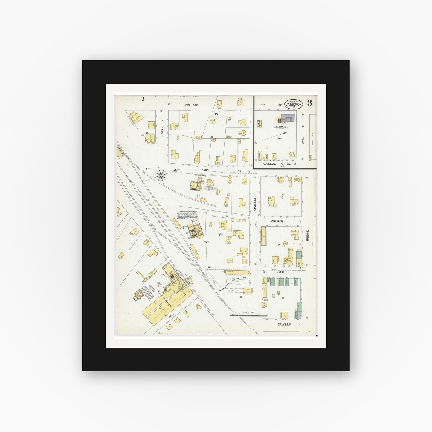 Old map wall art mockup — black gallery frame with white mat — Sanborn Fire Insurance Map from Cameron, Milam County, Texas (1901), Sheet #0003