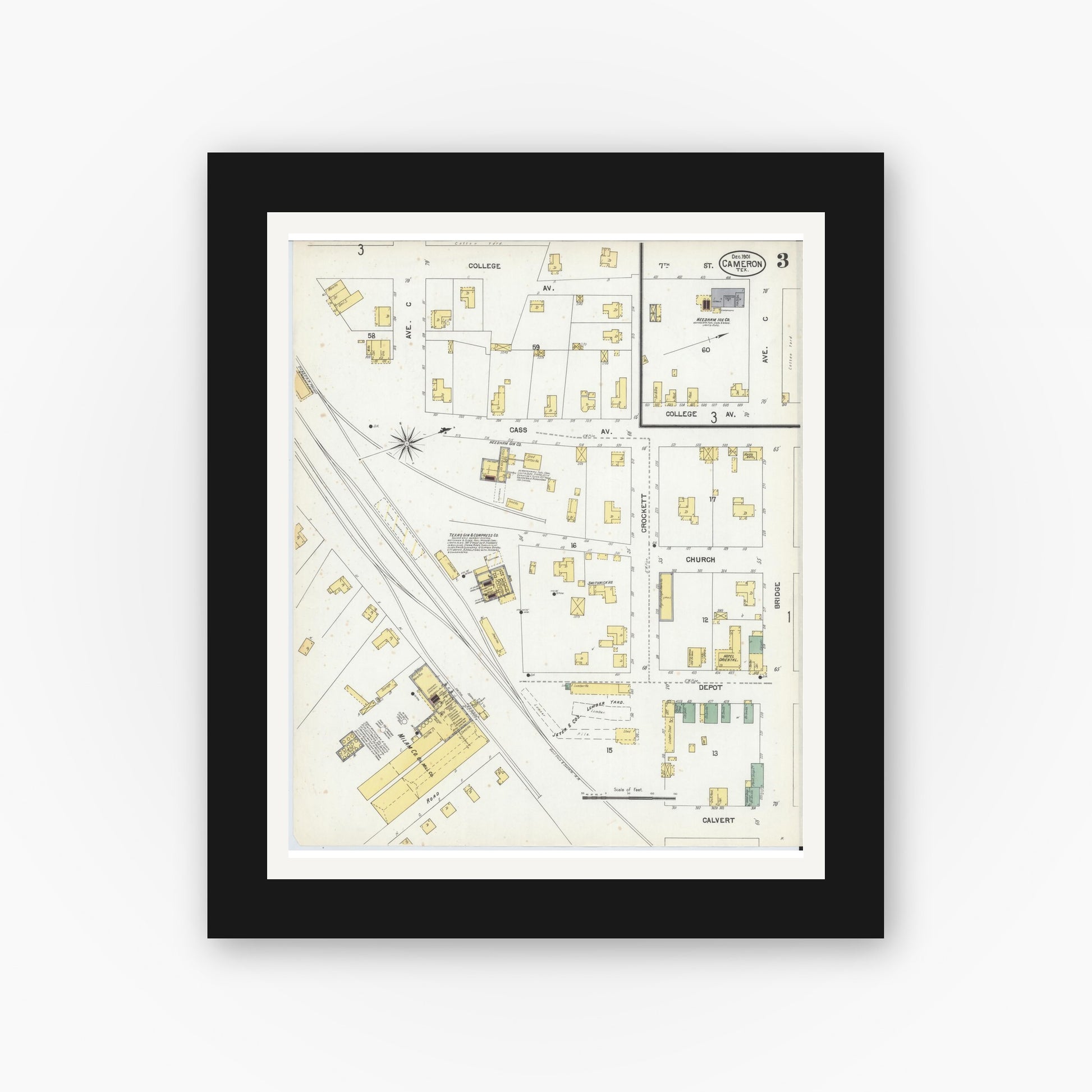 Old map wall art mockup — black gallery frame with white mat — Sanborn Fire Insurance Map from Cameron, Milam County, Texas (1901), Sheet #0003