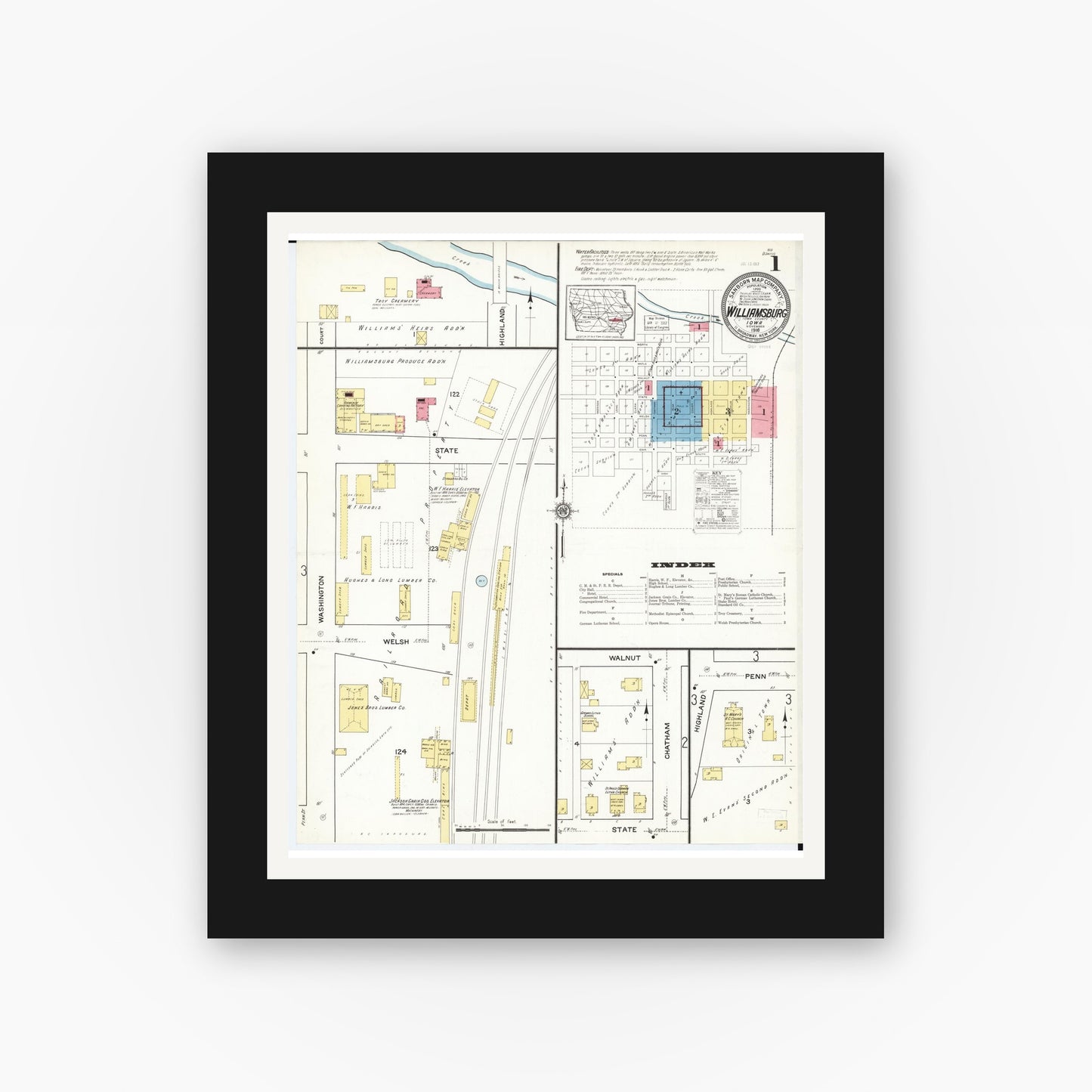 Old map wall art mockup — black gallery frame with white mat — Sanborn Fire Insurance Map from Williamsburg, Iowa County, Iowa (1916) â€” Complete Set