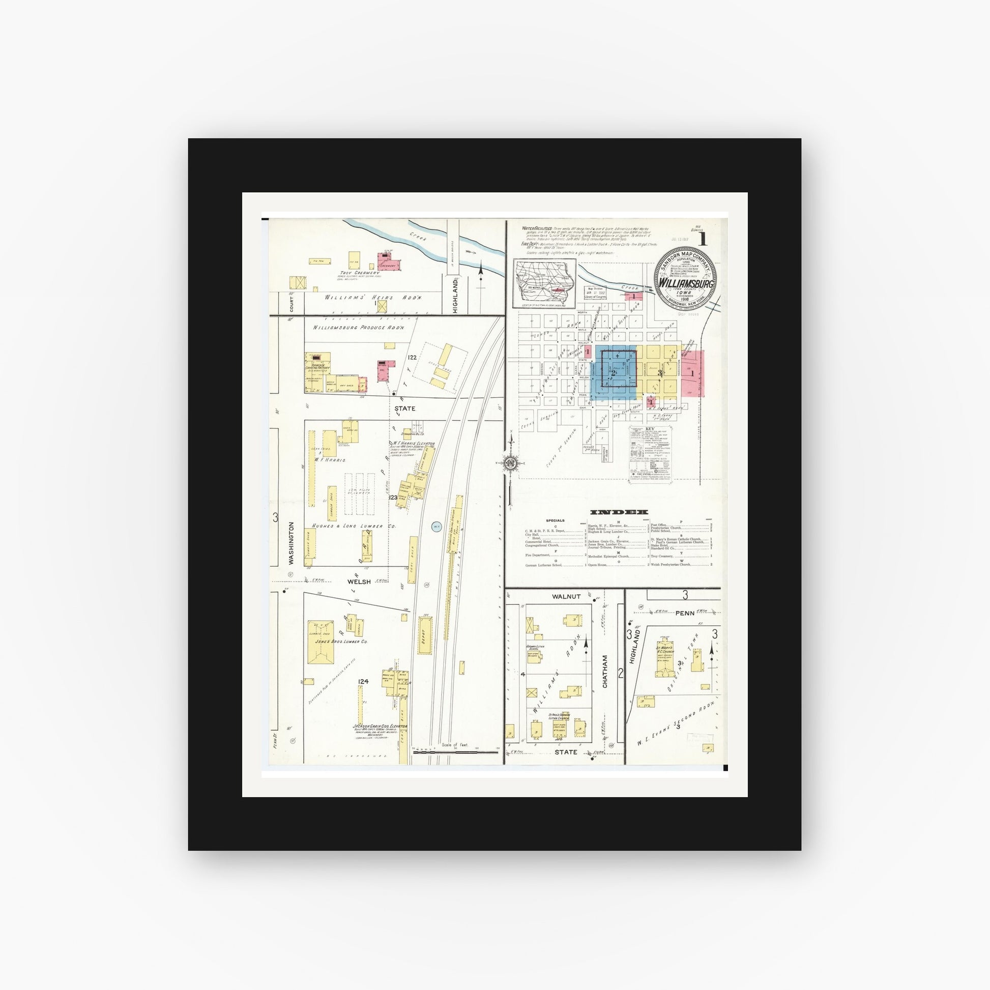 Old map wall art mockup — black gallery frame with white mat — Sanborn Fire Insurance Map from Williamsburg, Iowa County, Iowa (1916) â€” Complete Set
