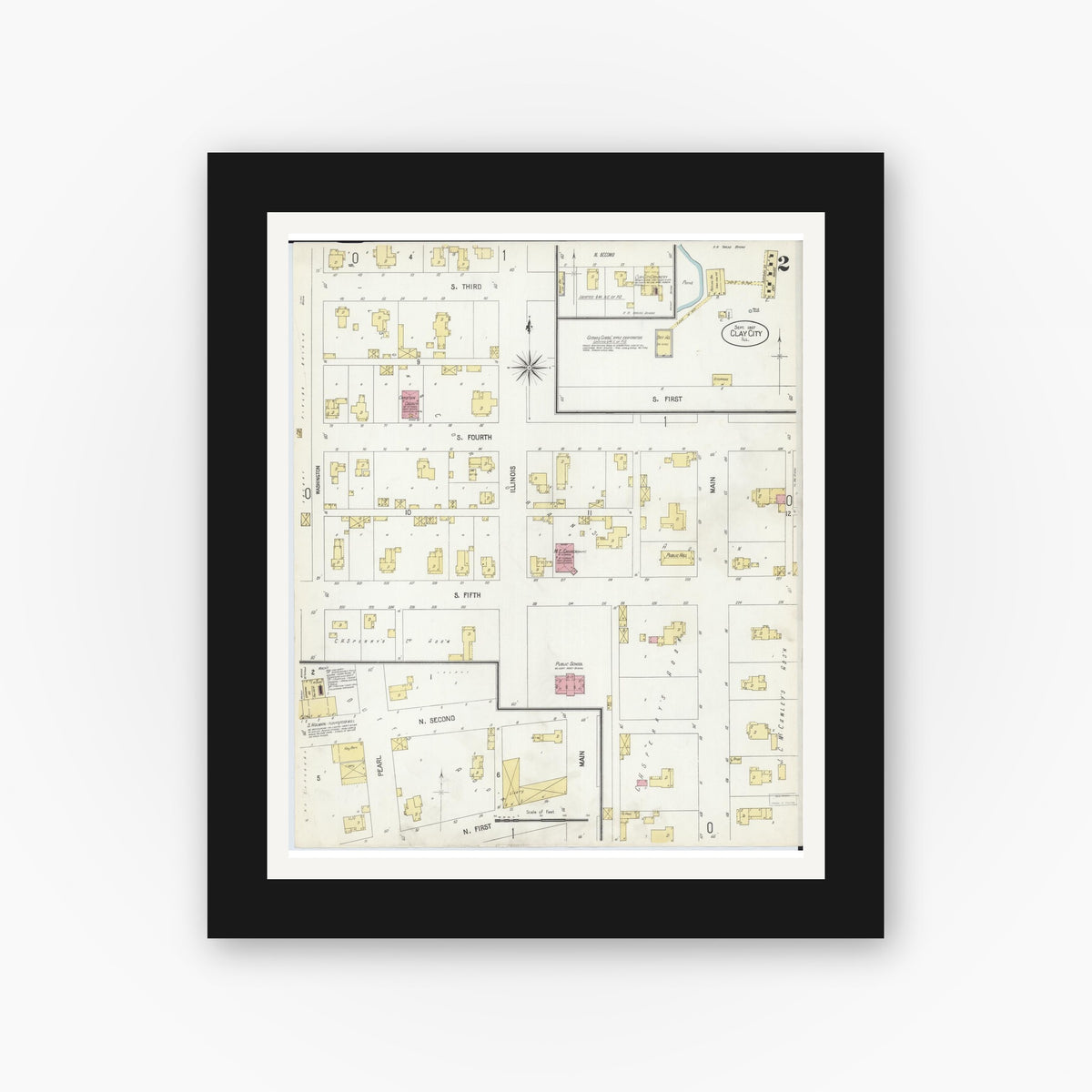 Old map wall art mockup — black gallery frame with white mat — Sanborn Fire Insurance Map from Clay City, Clay County, Illinois (1907), Sheet #0002