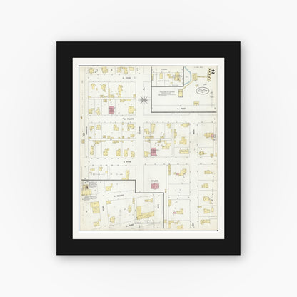 Old map wall art mockup — black gallery frame with white mat — Sanborn Fire Insurance Map from Clay City, Clay County, Illinois (1907), Sheet #0002