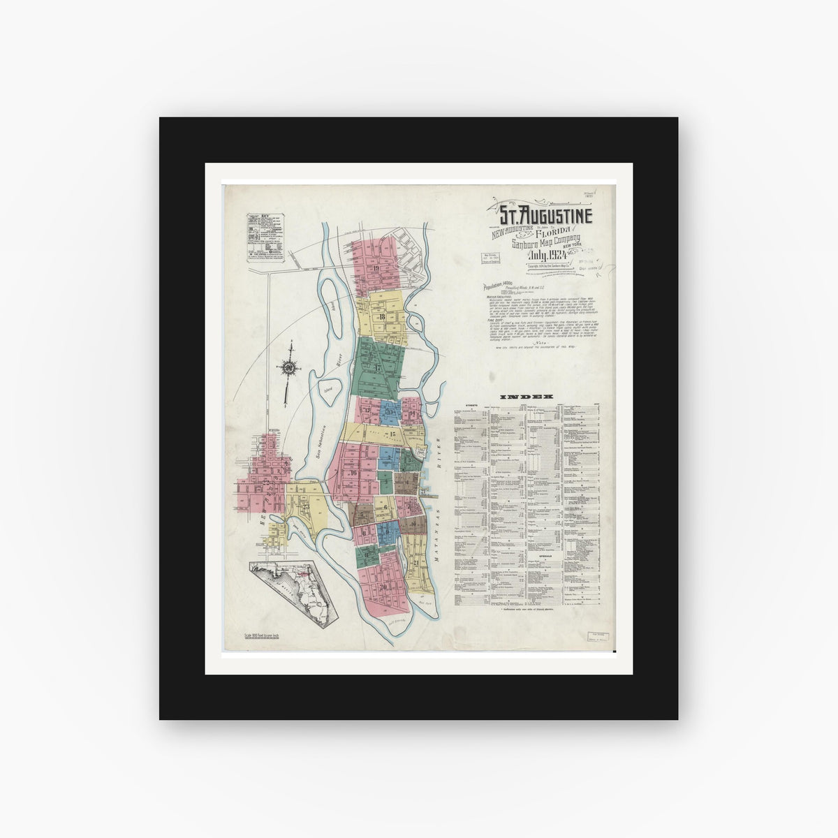 Old map wall art mockup — black gallery frame with white mat — Sanborn Fire Insurance Map from Saint Augustine, Saint John's County, Florida (1924) - Complete Map Set