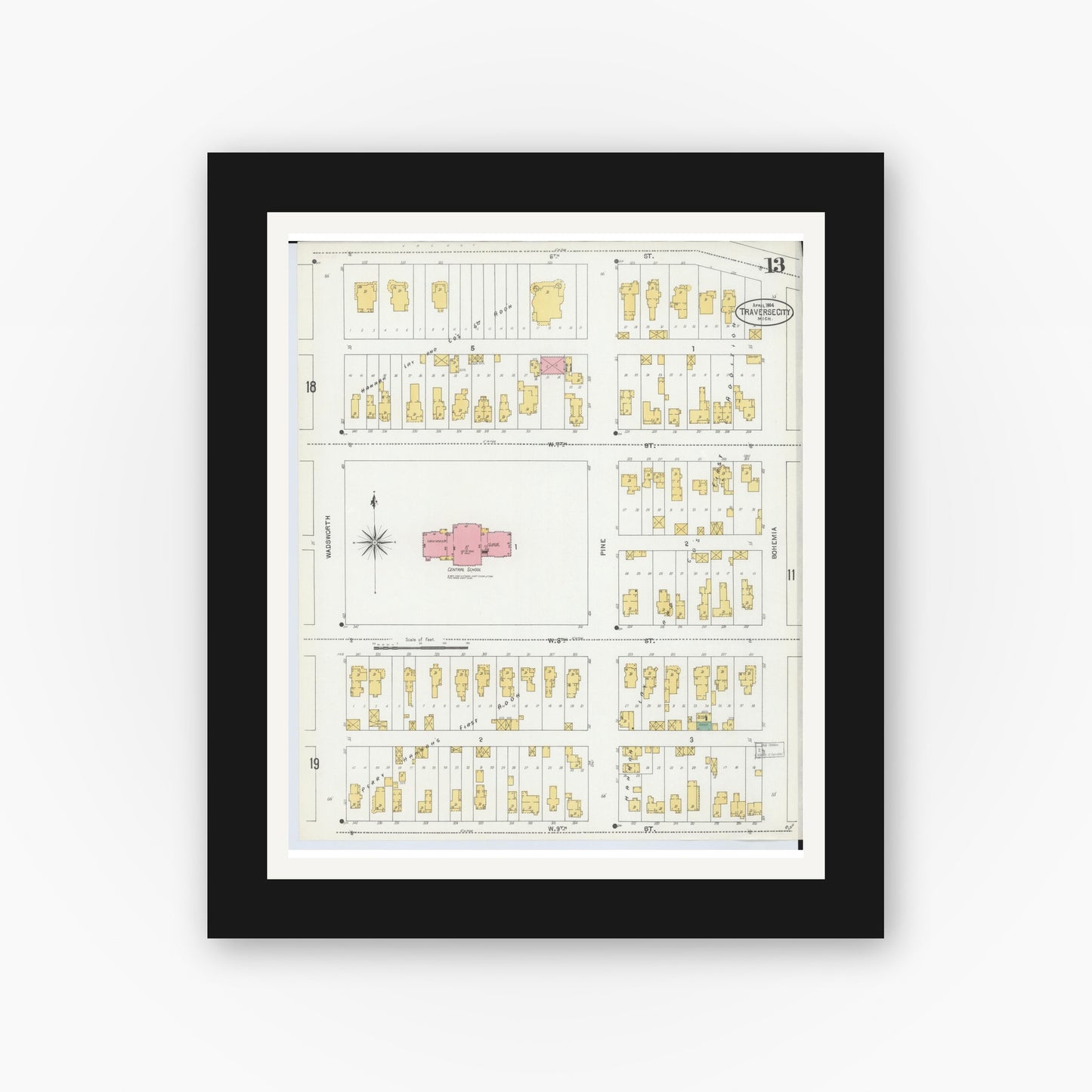 Old map wall art mockup — black gallery frame with white mat — Sanborn Fire Insurance Map from Traverse City, Grand Traverse County, Michigan (1904), Sheet #0013
