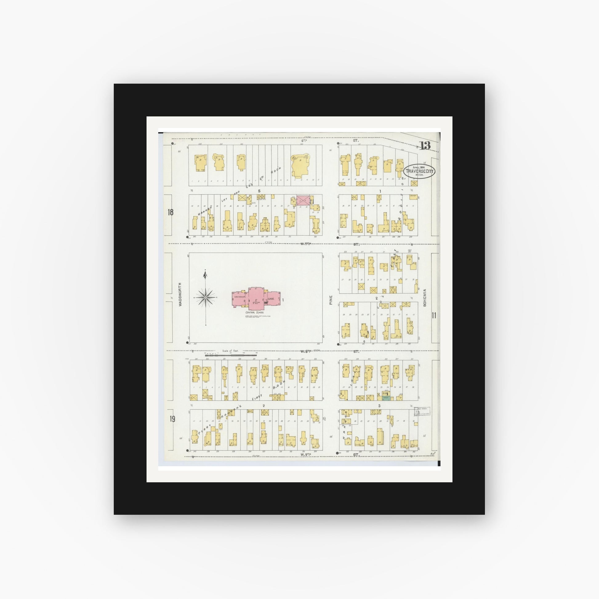 Old map wall art mockup — black gallery frame with white mat — Sanborn Fire Insurance Map from Traverse City, Grand Traverse County, Michigan (1904), Sheet #0013