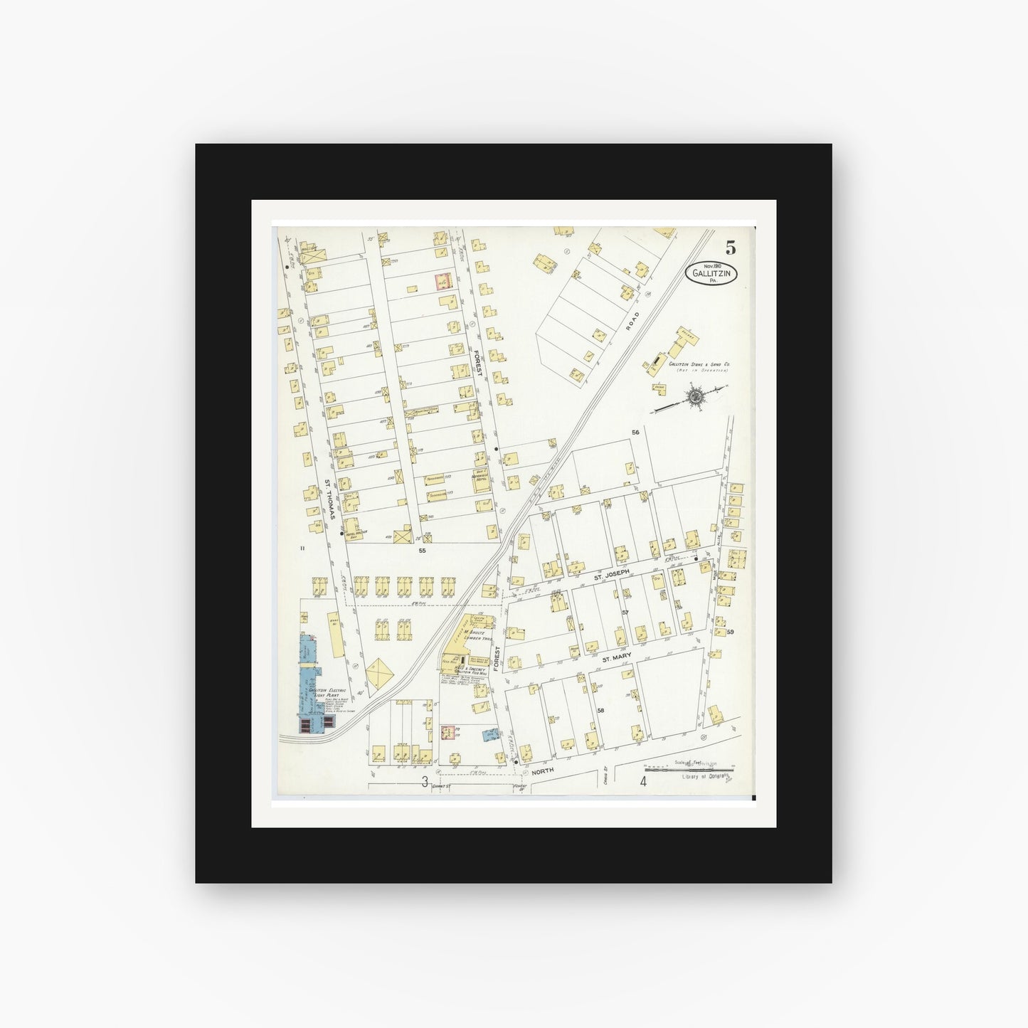 Old map wall art mockup — black gallery frame with white mat — Sanborn Fire Insurance Map from Gallitzin, Cambria County, Pennsylvania (1910), Sheet #0005