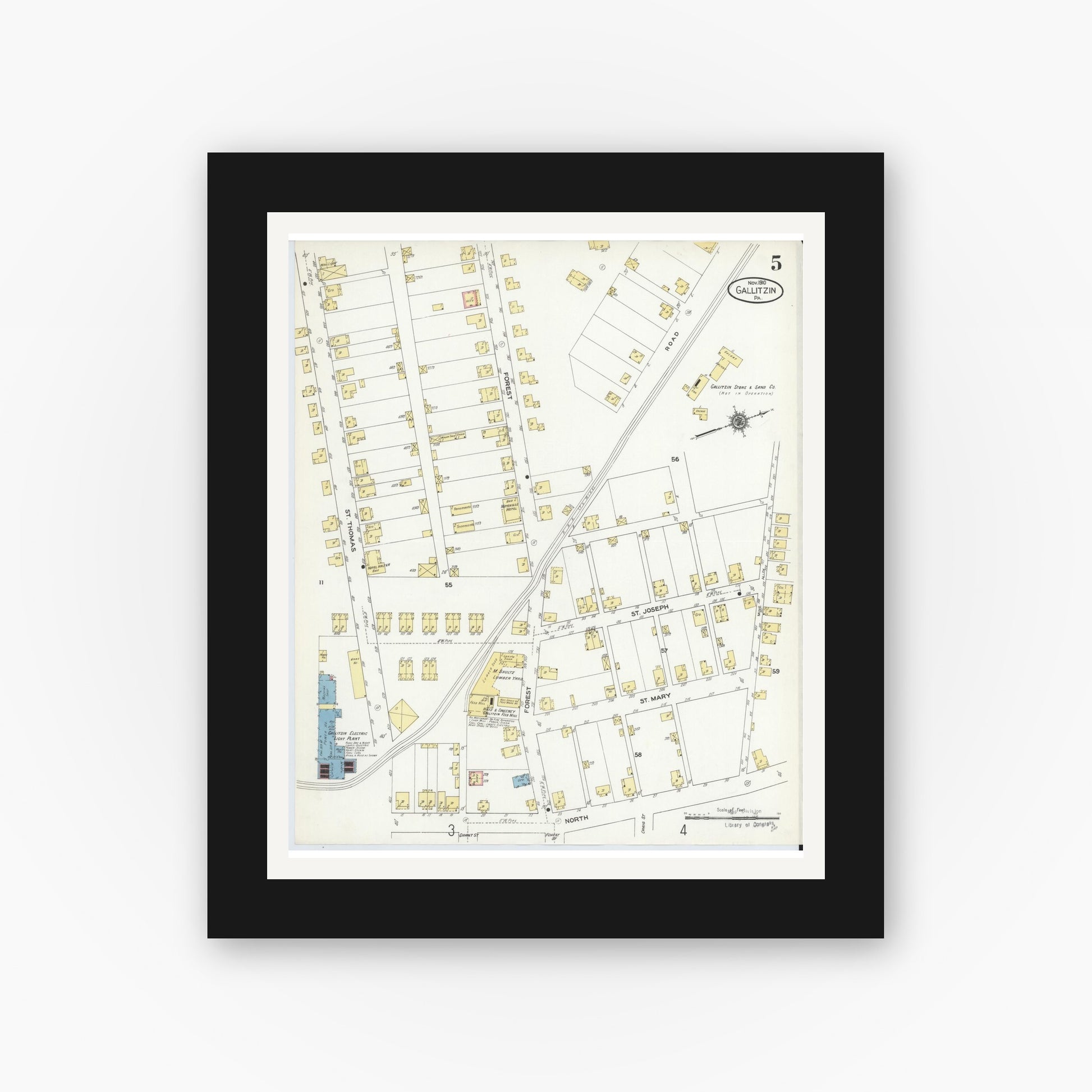 Old map wall art mockup — black gallery frame with white mat — Sanborn Fire Insurance Map from Gallitzin, Cambria County, Pennsylvania (1910), Sheet #0005