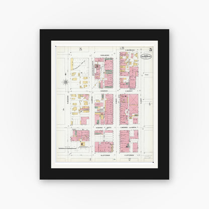 Old map wall art mockup — black gallery frame with white mat — Sanborn Fire Insurance Map from Bloomington, McLean County, Illinois (1901), Sheet #0005