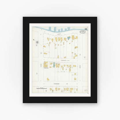 Old map wall art mockup — black gallery frame with white mat — Sanborn Fire Insurance Map from Daytona, Volusia County, Florida (1906), Sheet #0011