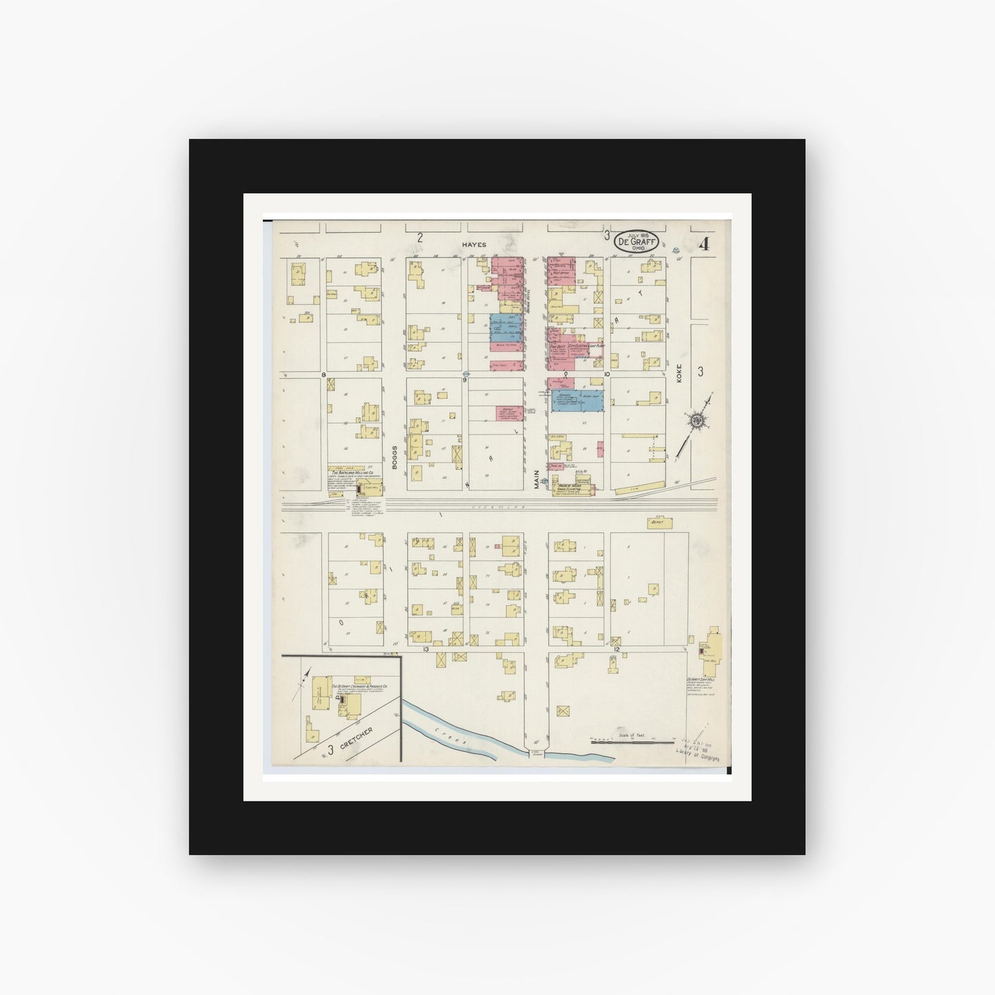 Old map wall art mockup — black gallery frame with white mat — Sanborn Fire Insurance Map from Degraff, Logan County, Ohio (1915), Sheet #0004