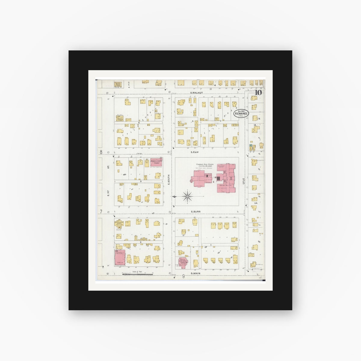 Old map wall art mockup — black gallery frame with white mat — Sanborn Fire Insurance Map from Kewanee, Henry County, Illinois (1905), Sheet #0010