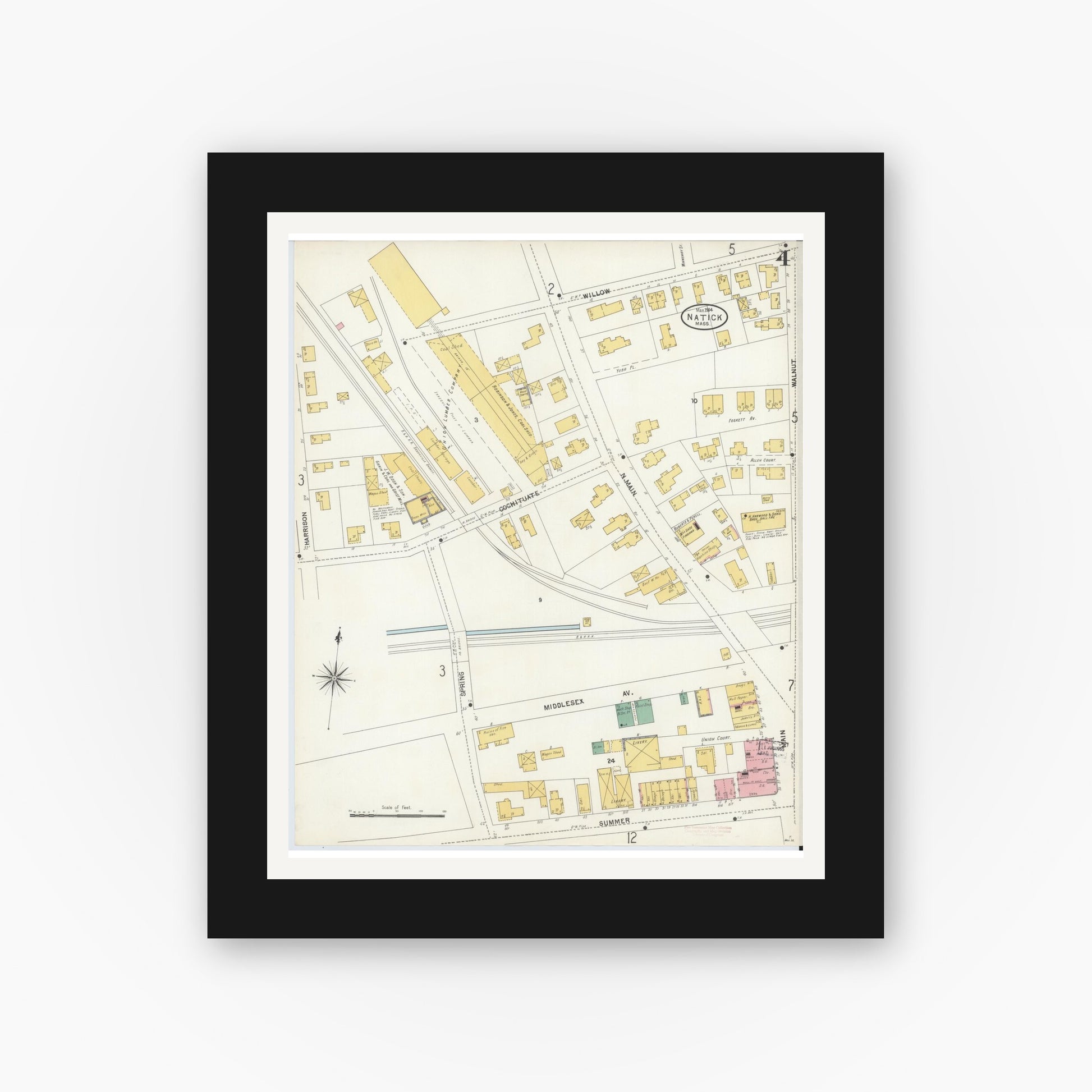 Old map wall art mockup — black gallery frame with white mat — Sanborn Fire Insurance Map from Natick, Middlesex County, Massachusetts (1904), Sheet #0004