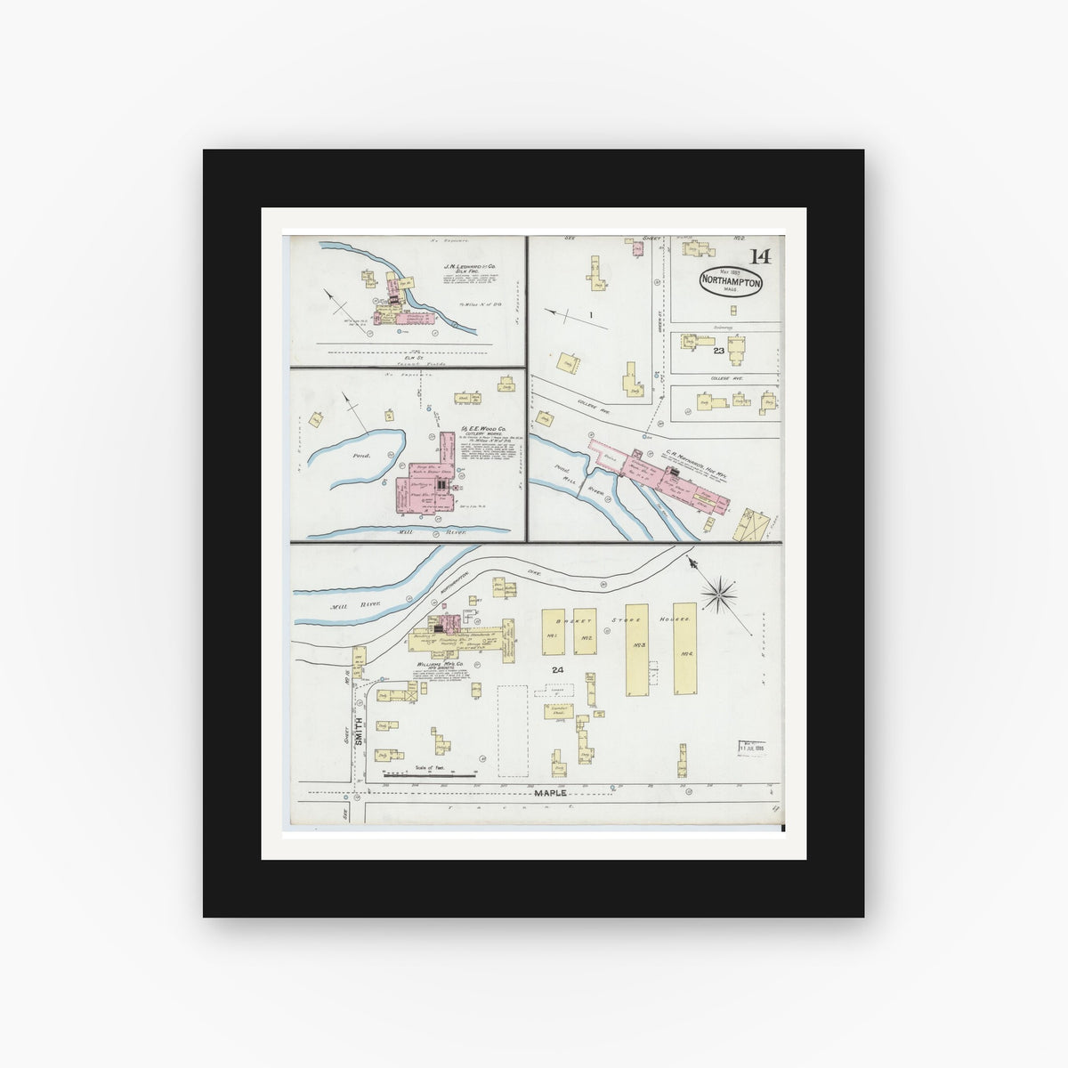 Old map wall art mockup — black gallery frame with white mat — Sanborn Fire Insurance Map from Northampton, Hampshire County, Massachusetts (1889), Sheet #0014