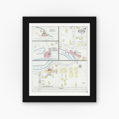 Old map wall art mockup — black gallery frame with white mat — Sanborn Fire Insurance Map from Northampton, Hampshire County, Massachusetts (1889), Sheet #0014