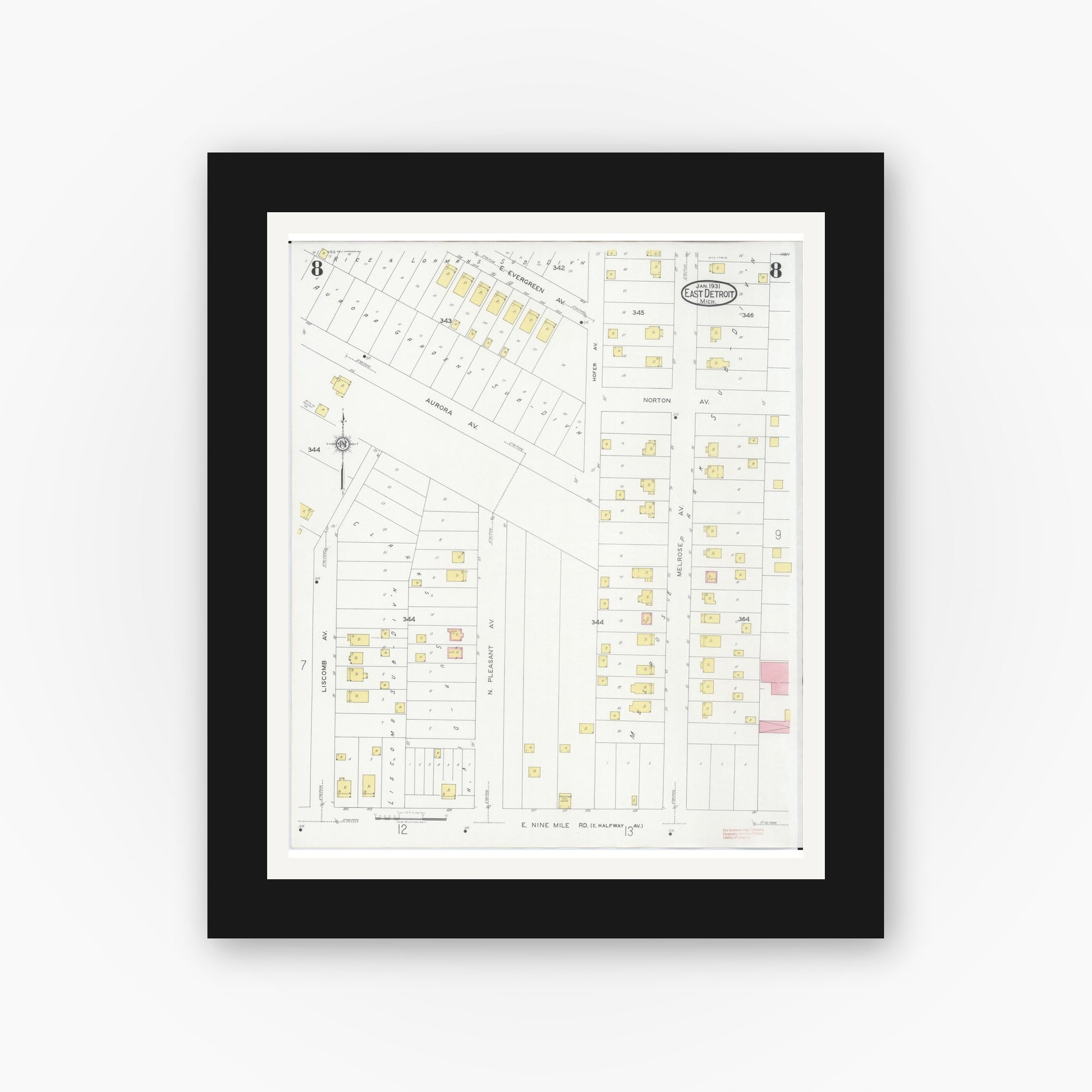 Old map wall art mockup — black gallery frame with white mat — Sanborn Fire Insurance Map from East Detroit, Macomb County, Michigan (1931), Sheet #0008