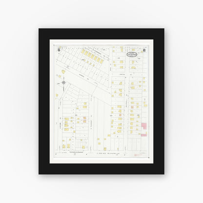 Old map wall art mockup — black gallery frame with white mat — Sanborn Fire Insurance Map from East Detroit, Macomb County, Michigan (1931), Sheet #0008