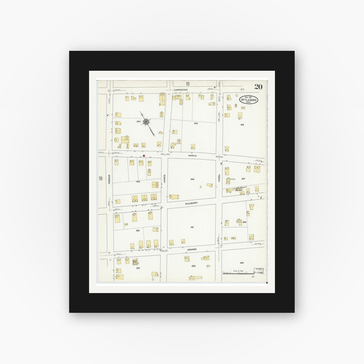 Old map wall art mockup — black gallery frame with white mat — Sanborn Fire Insurance Map from Attleboro, Bristol County, Massachusetts (1911), Sheet #0020