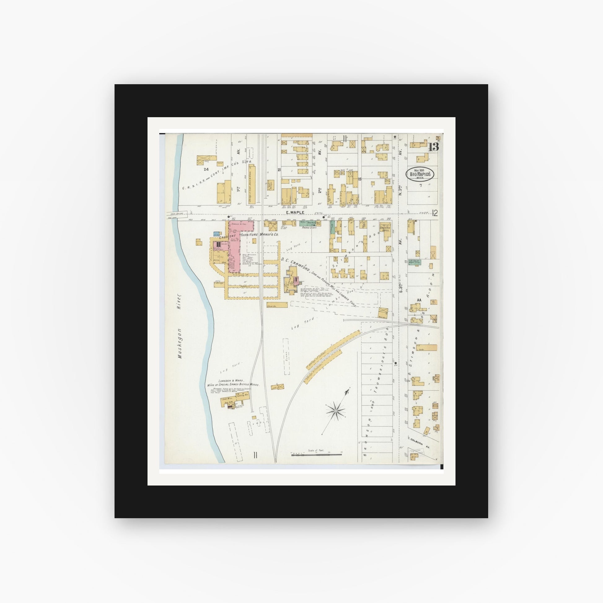 Old map wall art mockup — black gallery frame with white mat — Sanborn Fire Insurance Map from Big Rapids, Mecosta County, Michigan (1899), Sheet #0013