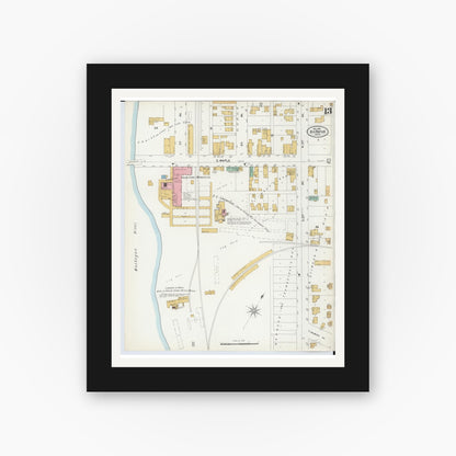 Old map wall art mockup — black gallery frame with white mat — Sanborn Fire Insurance Map from Big Rapids, Mecosta County, Michigan (1899), Sheet #0013