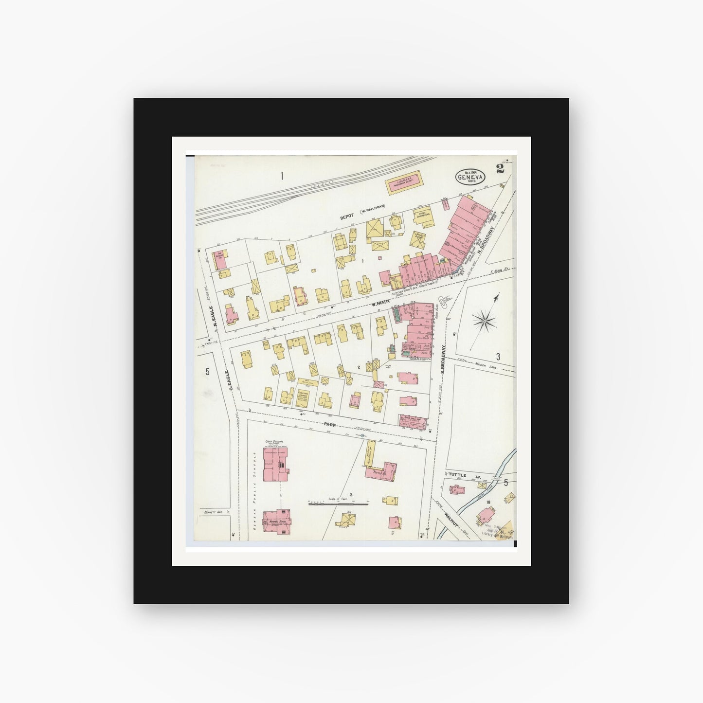Old map wall art mockup — black gallery frame with white mat — Sanborn Fire Insurance Map from Geneva, Ashtabula County, Ohio (1904), Sheet #0002