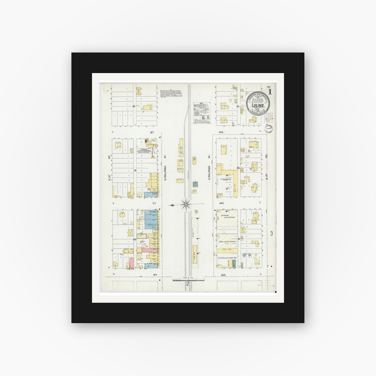 Old map wall art mockup — black gallery frame with white mat — Sanborn Fire Insurance Map from Luling, Caldwell County, Texas (1902), Sheet #0001