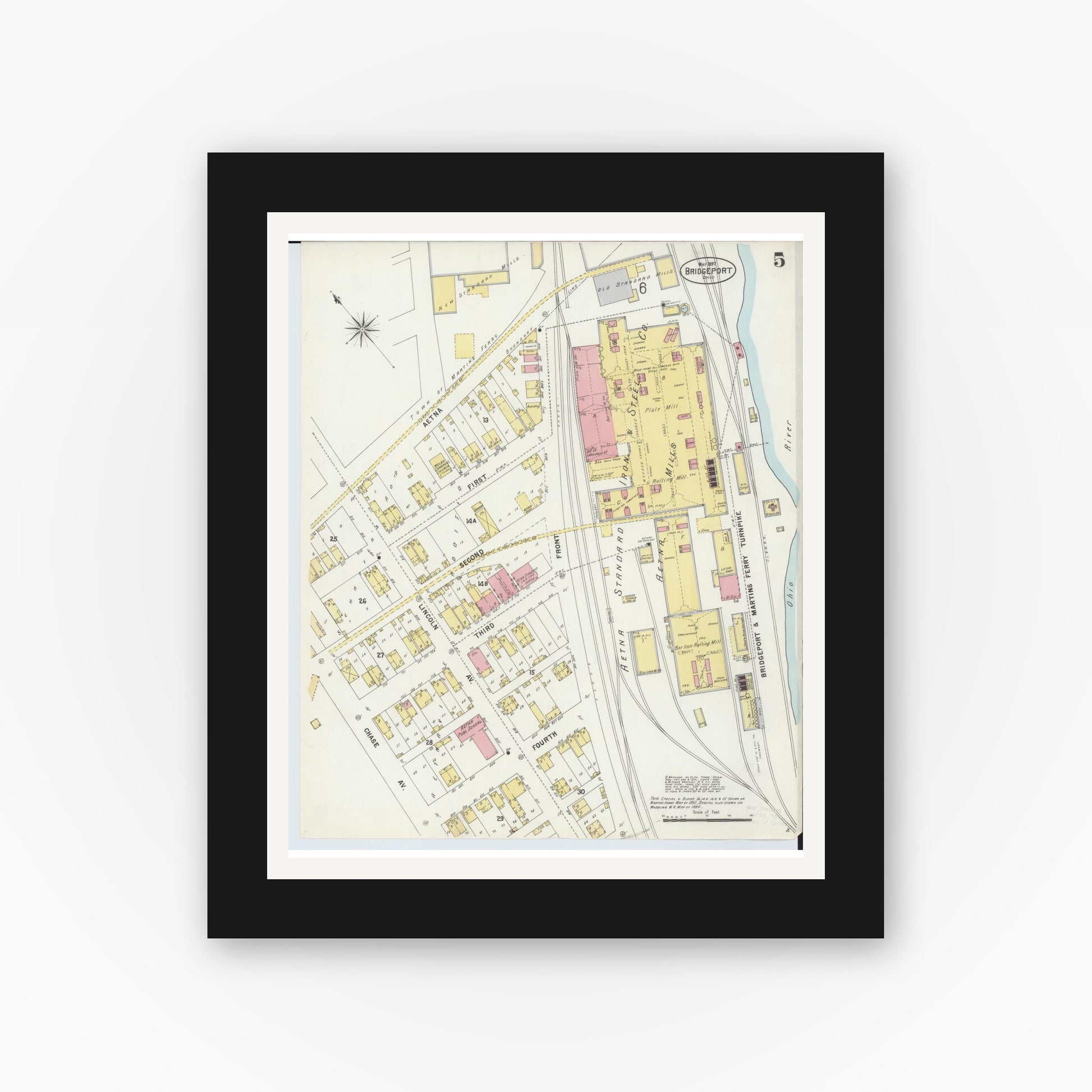 Old map wall art mockup — black gallery frame with white mat — Sanborn Fire Insurance Map from Bridgeport, Belmont County, Ohio (1897), Sheet #0005