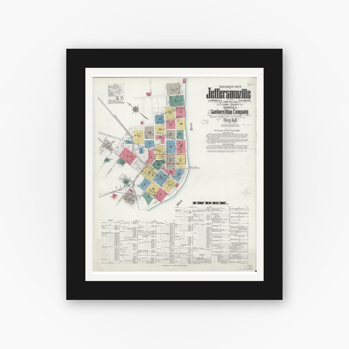 Old map wall art mockup — black gallery frame with white mat — Sanborn Fire Insurance Map from Jeffersonville, Clark County, Indiana (1911) - Complete Map Set