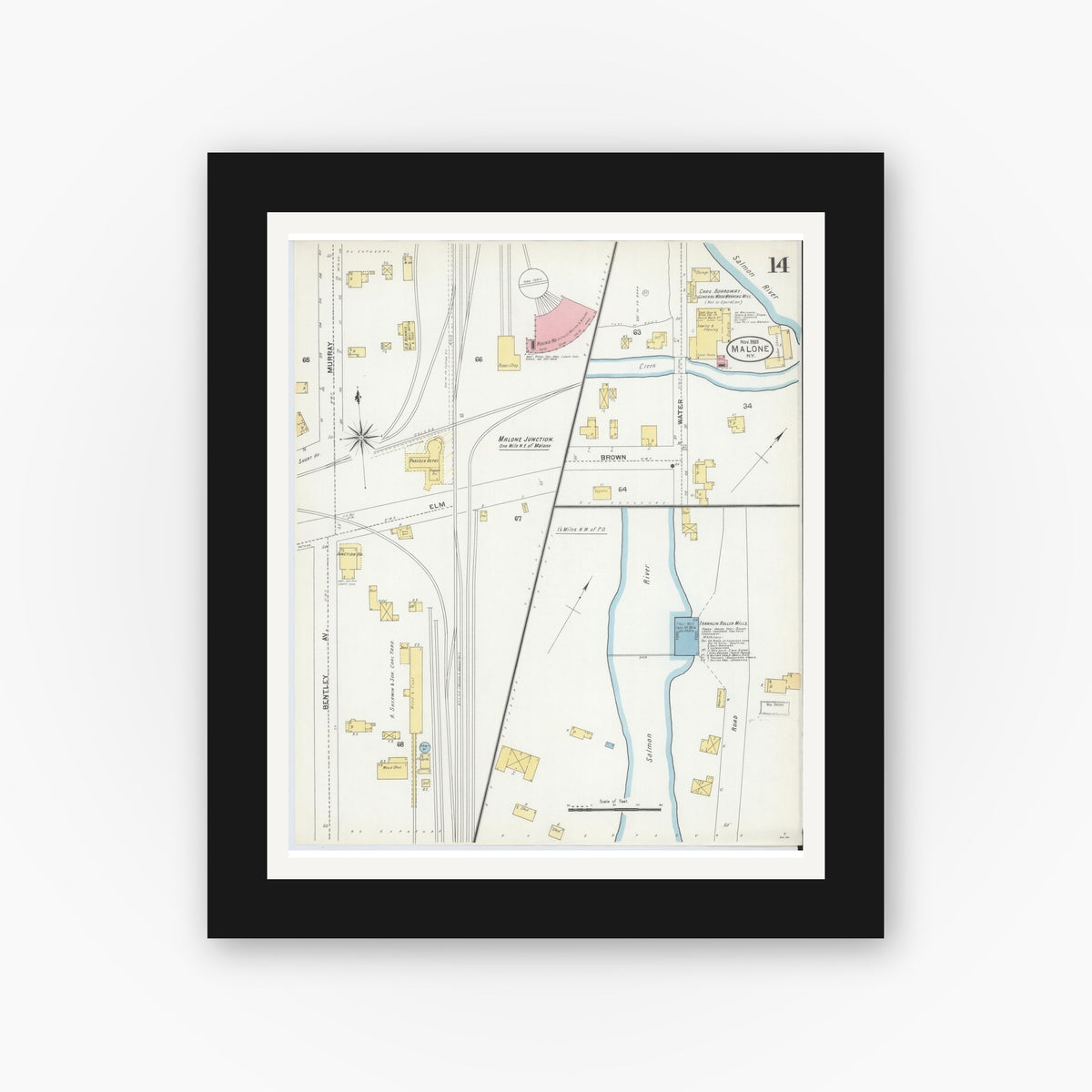 Old map wall art mockup — black gallery frame with white mat — Sanborn Fire Insurance Map from Malone, Franklin County, New York (1903), Sheet #0014
