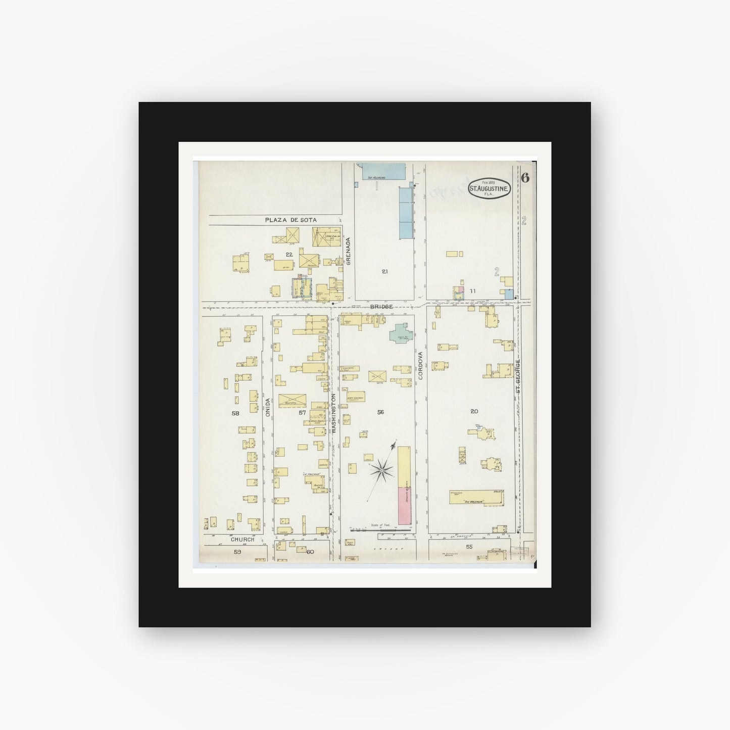 Old map wall art mockup — black gallery frame with white mat — Sanborn Fire Insurance Map from Saint Augustine, Saint John's County, Florida (1893), Sheet #0006