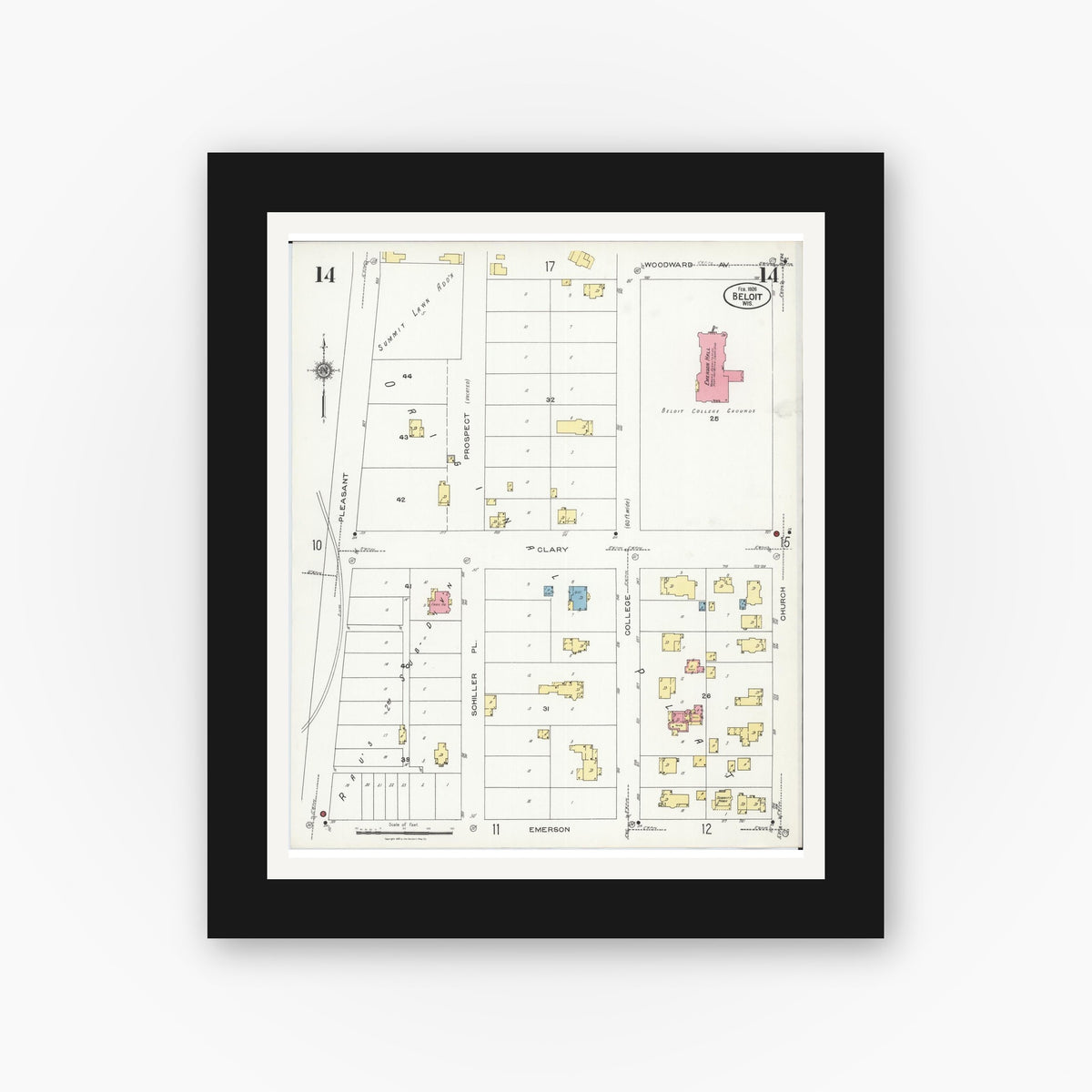 Old map wall art mockup — black gallery frame with white mat — Sanborn Fire Insurance Map from Beloit, Rock County, Wisconsin (1926), Sheet #0014
