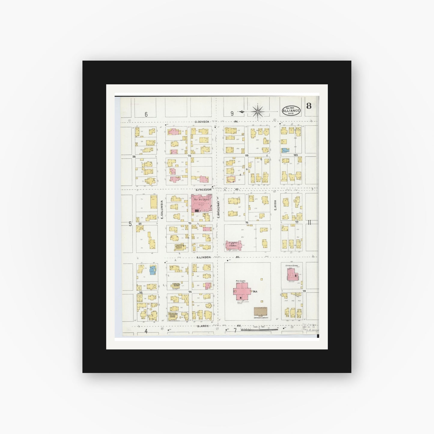Old map wall art mockup — black gallery frame with white mat — Sanborn Fire Insurance Map from Alliance, Stark County, Ohio (1904), Sheet #0008