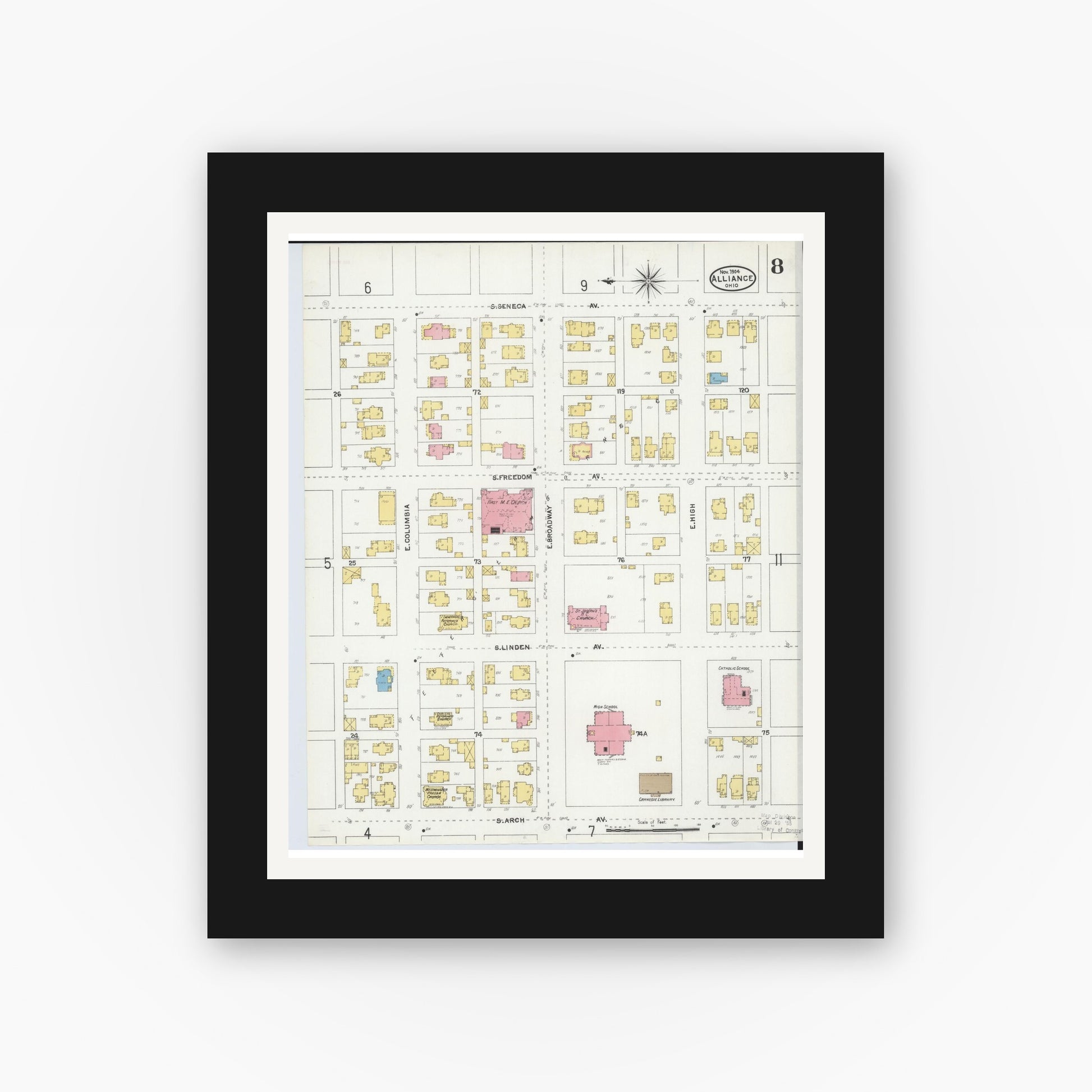 Old map wall art mockup — black gallery frame with white mat — Sanborn Fire Insurance Map from Alliance, Stark County, Ohio (1904), Sheet #0008