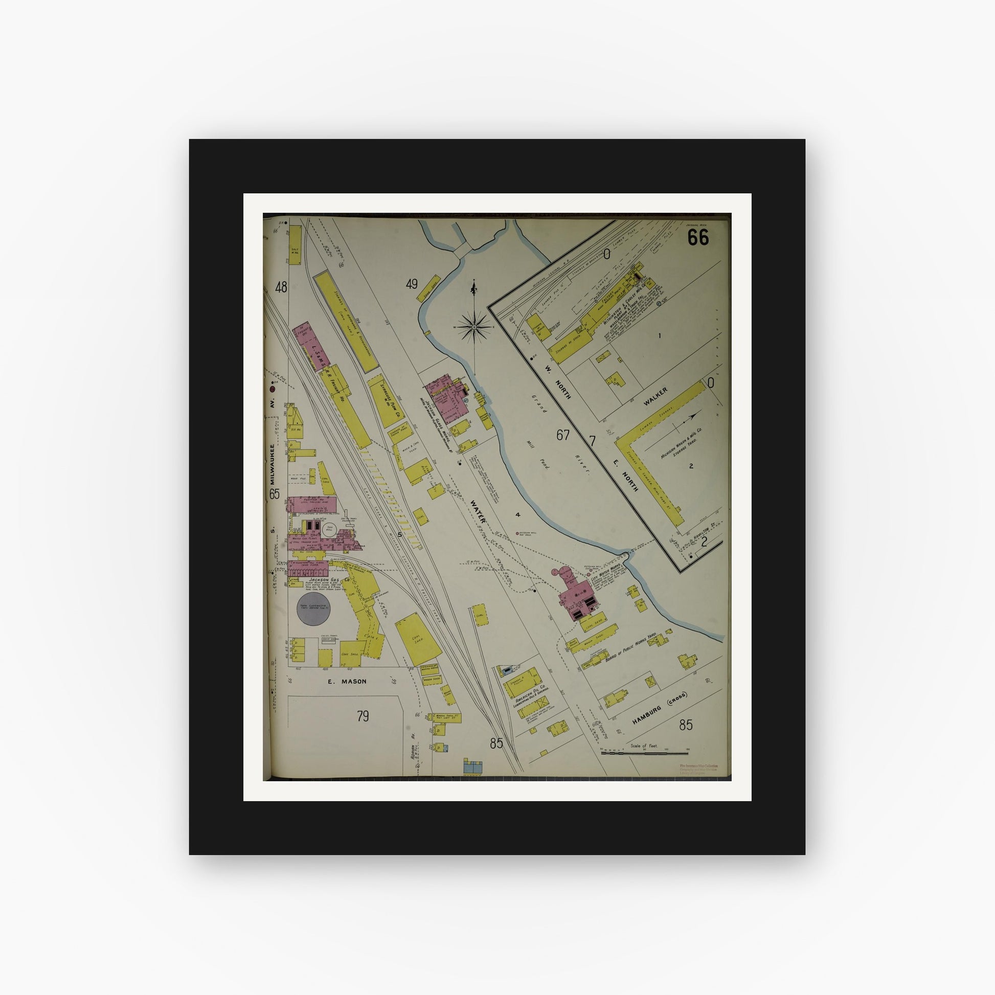 Old map wall art mockup — black gallery frame with white mat — Sanborn Fire Insurance Map from Jackson, Jackson County, Michigan (1907), Sheet #0066