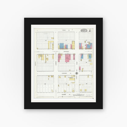 Old map wall art mockup — black gallery frame with white mat — Sanborn Fire Insurance Map from Newcastle, Young County, Texas (1921), Sheet #0002