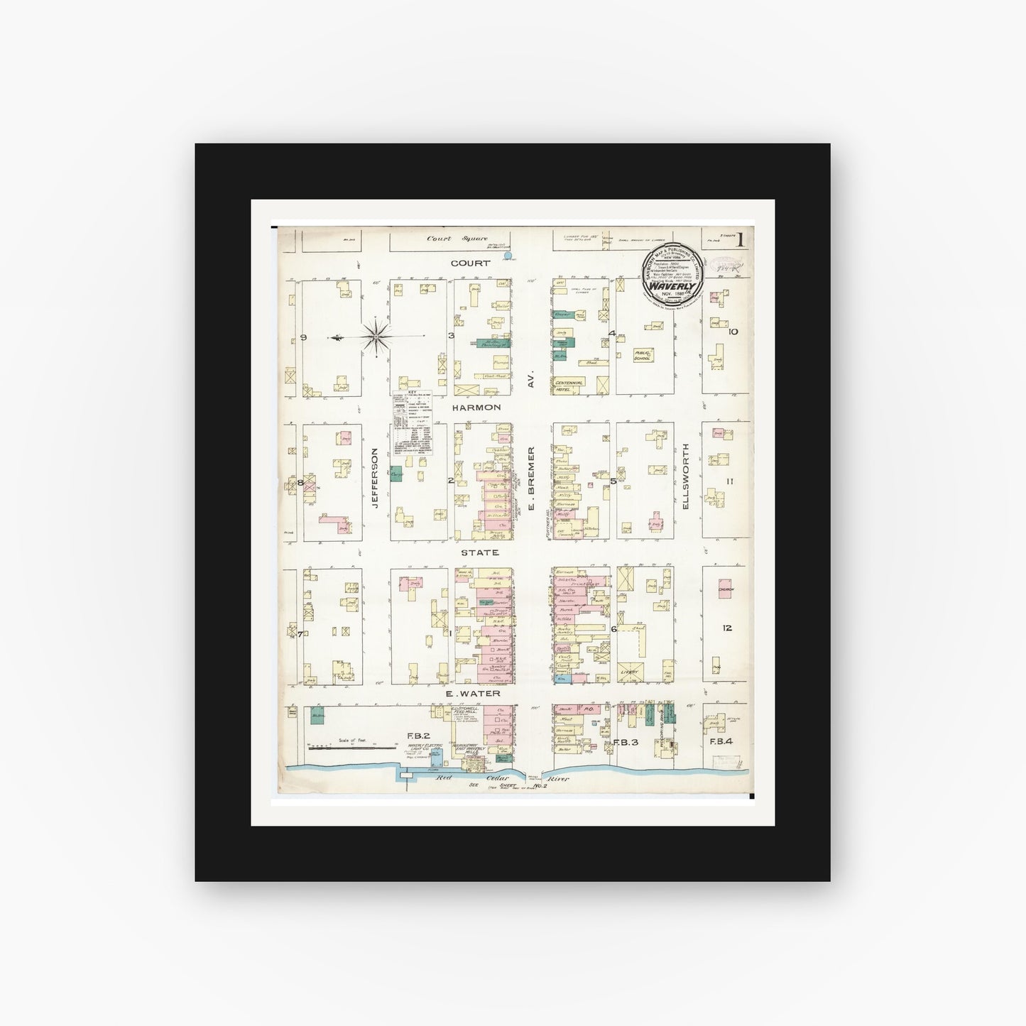 Old map wall art mockup — black gallery frame with white mat — Sanborn Fire Insurance Map from Waverly, Bremer County, Iowa (1885) â€” Complete Set