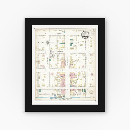 Old map wall art mockup — black gallery frame with white mat — Sanborn Fire Insurance Map from Waverly, Bremer County, Iowa (1885) â€” Complete Set