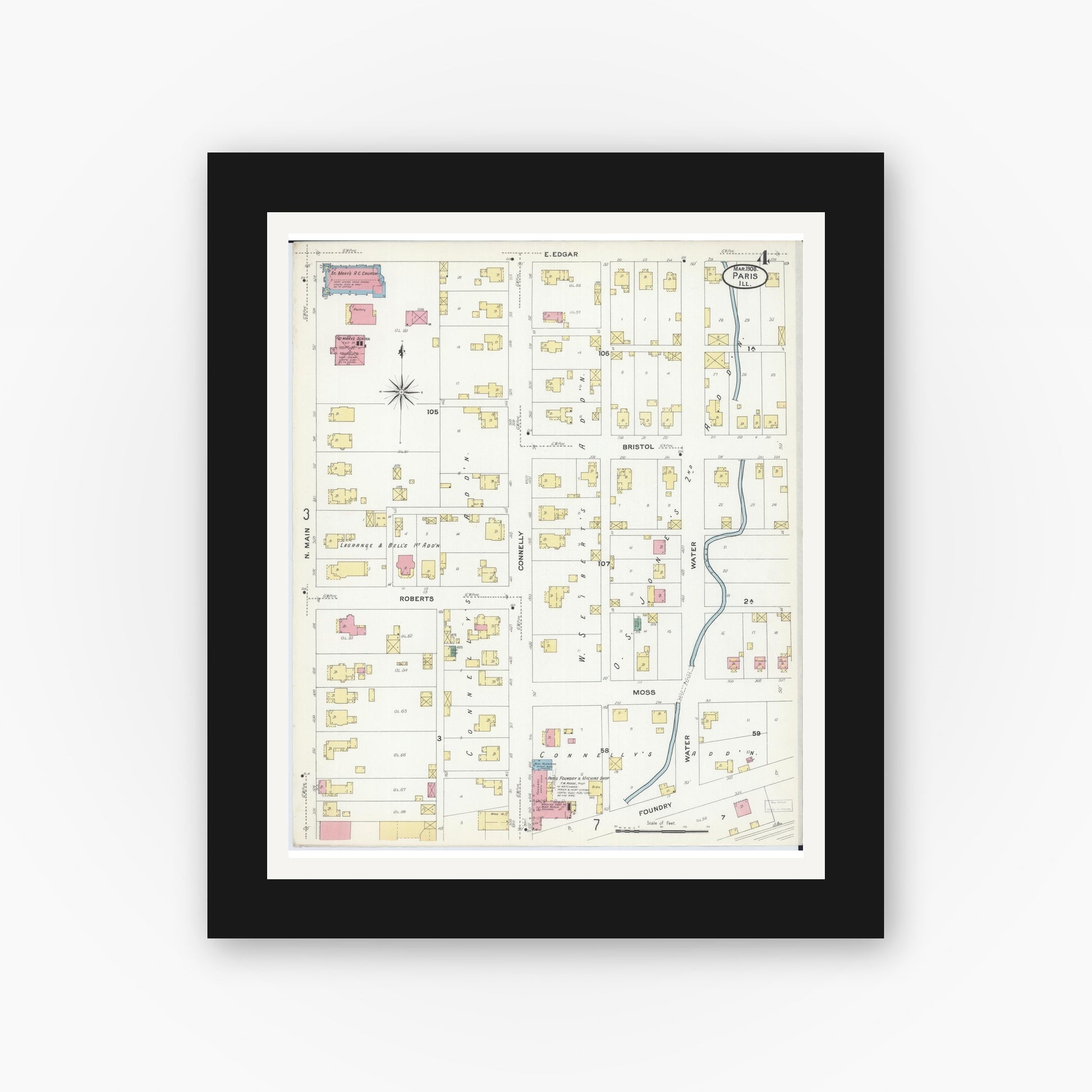 Old map wall art mockup — black gallery frame with white mat — Sanborn Fire Insurance Map from Paris, Edgar County, Illinois (1908), Sheet #0004