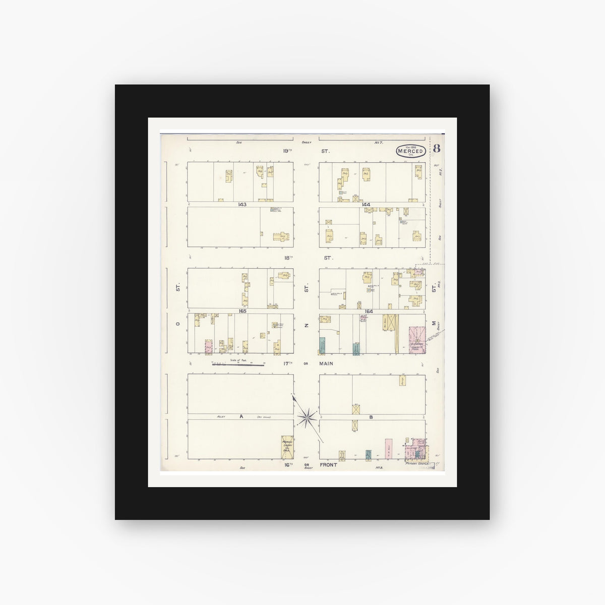 Old map wall art mockup — black gallery frame with white mat — Sanborn Fire Insurance Map from Merced, Merced County, California (1888), Sheet #0008