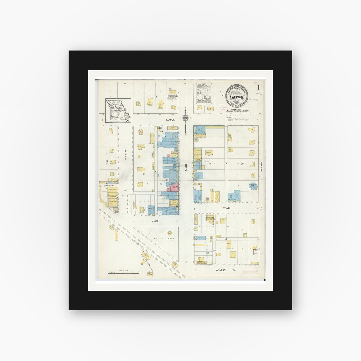 Old map wall art mockup — black gallery frame with white mat — Sanborn Fire Insurance Map from Liberal, Barton County, Missouri (1916) - Complete Map Set