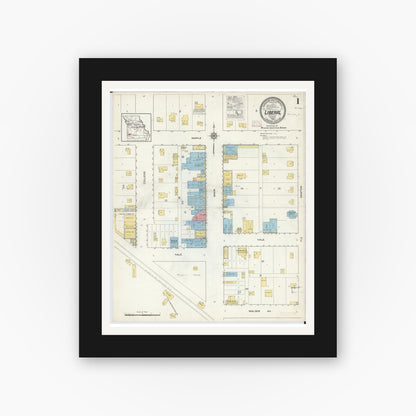 Old map wall art mockup — black gallery frame with white mat — Sanborn Fire Insurance Map from Liberal, Barton County, Missouri (1916) - Complete Map Set