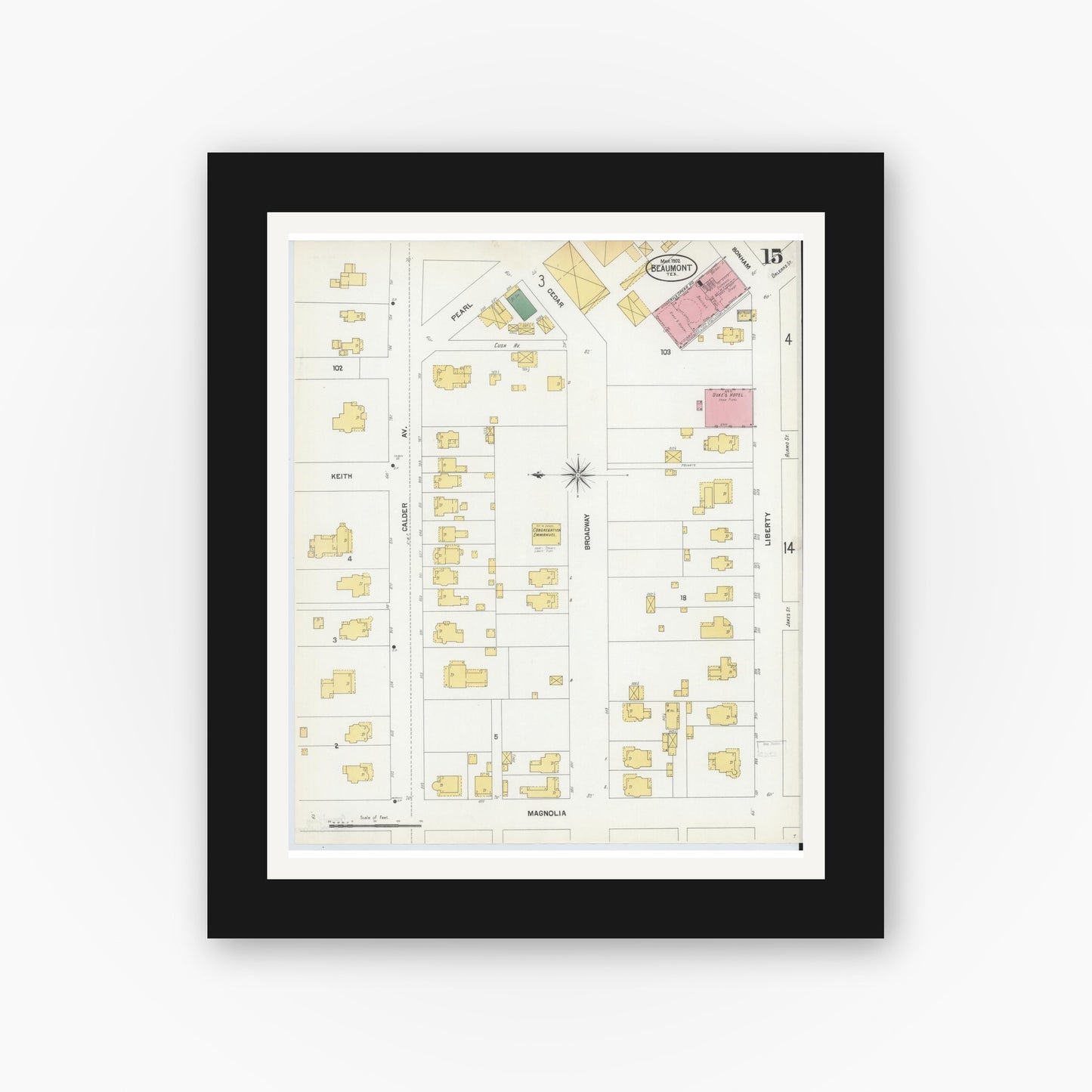 Old map wall art mockup — black gallery frame with white mat — Sanborn Fire Insurance Map from Beaumont, Jefferson County, Texas (1902), Sheet #0015