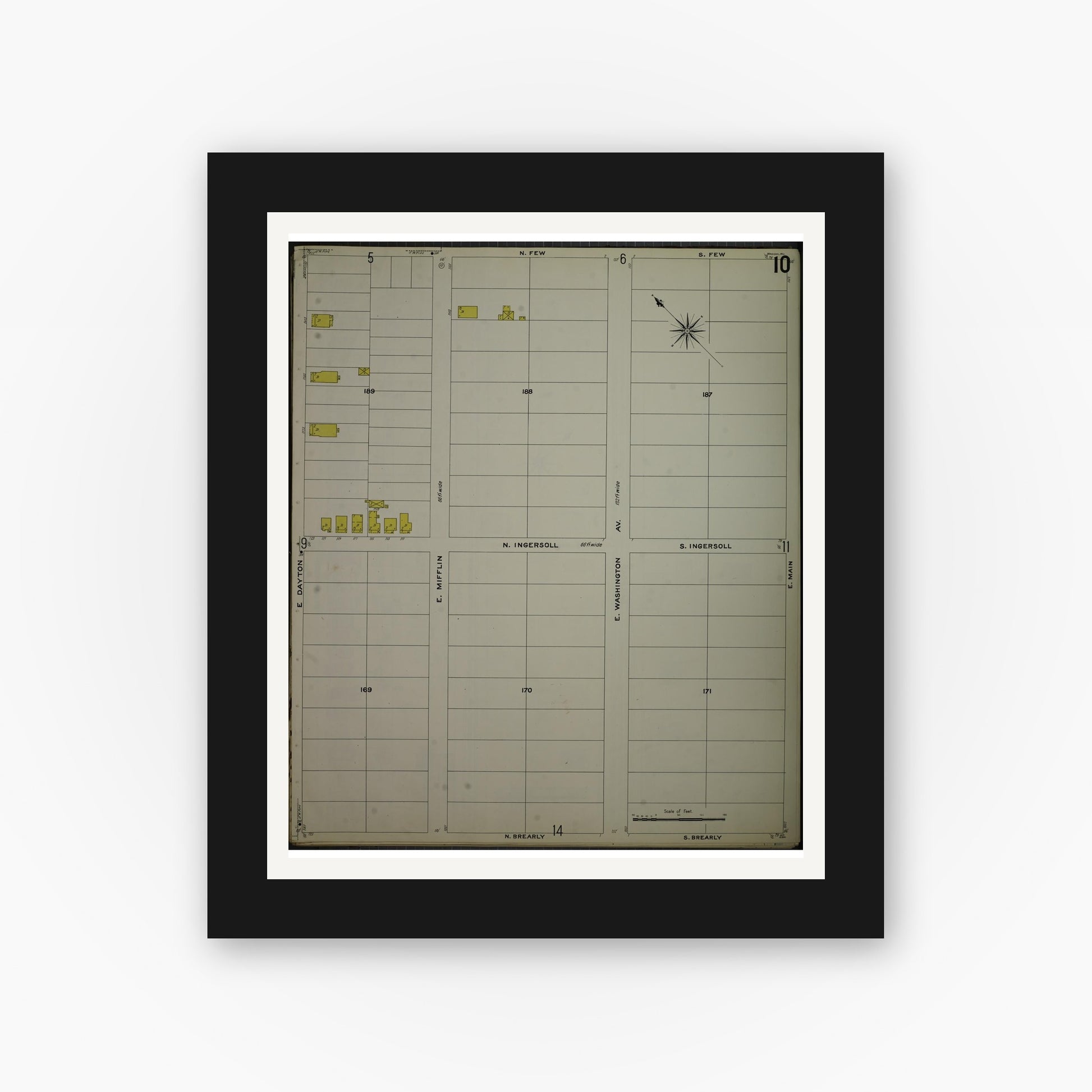Old map wall art mockup — black gallery frame with white mat — Sanborn Fire Insurance Map from Madison, Dane County, Wisconsin (1908), Sheet #0010