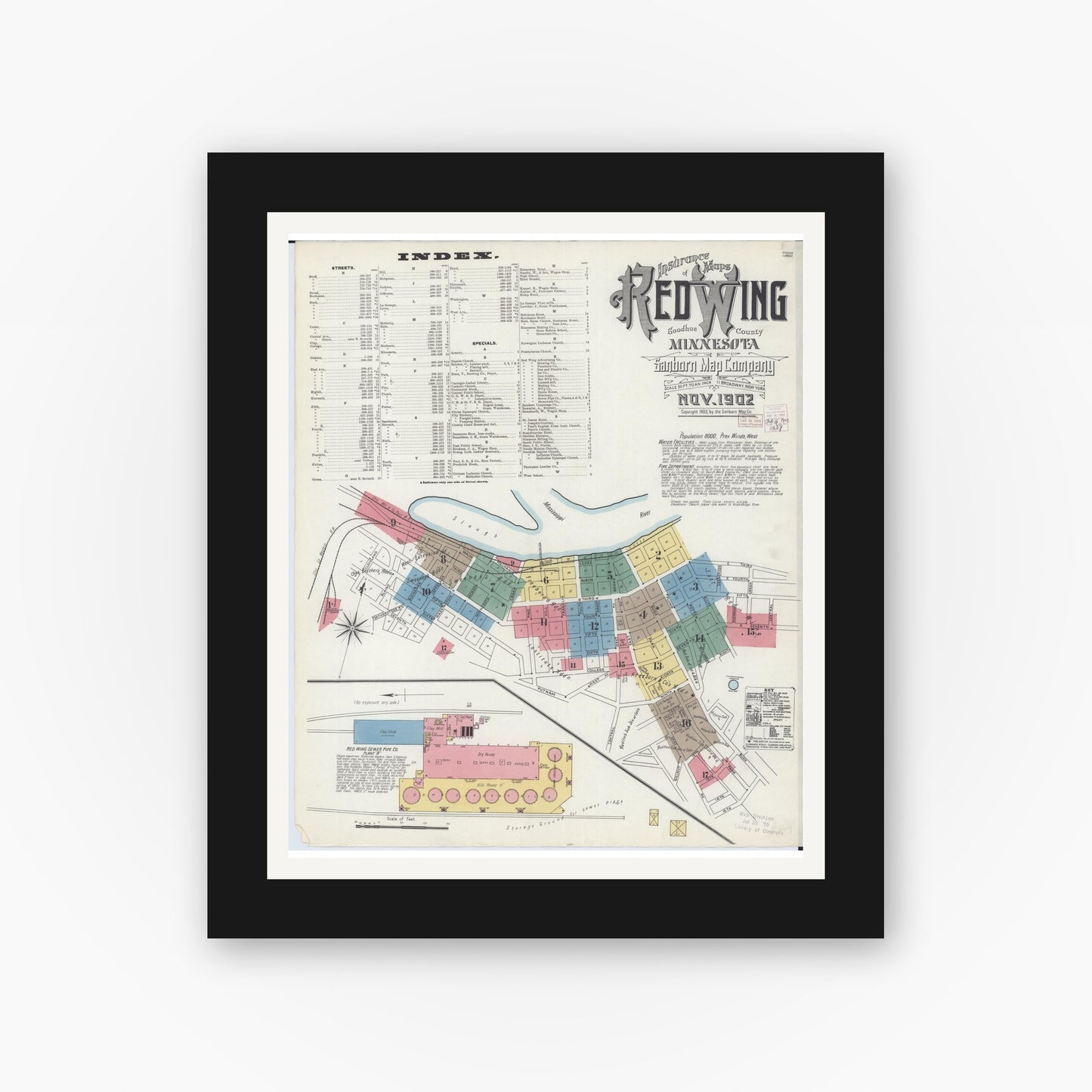 Old map wall art mockup — black gallery frame with white mat — Sanborn Fire Insurance Map from Red Wing, Goodhue County, Minnesota (1902) - Complete Map Set
