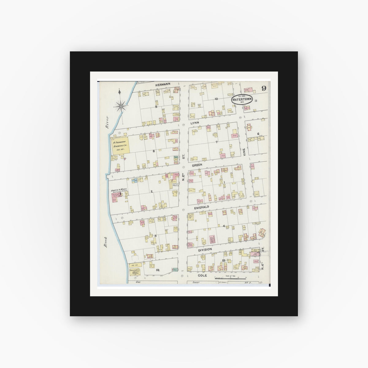 Old map wall art mockup — black gallery frame with white mat — Sanborn Fire Insurance Map from Watertown, Jefferson County, Wisconsin (1890), Sheet #0009