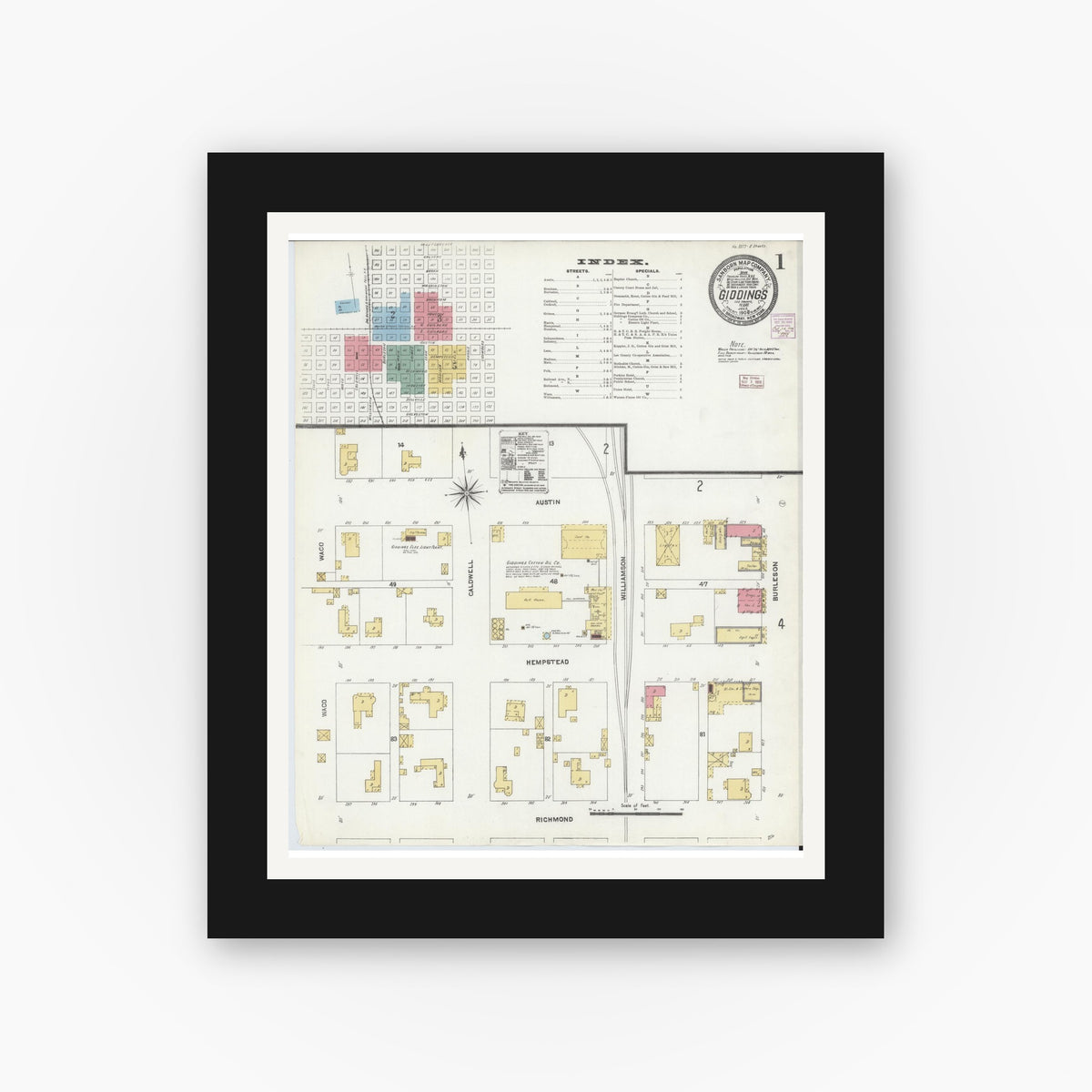 Old map wall art mockup — black gallery frame with white mat — Sanborn Fire Insurance Map from Giddings, Lee County, Texas (1906), Sheet #0001