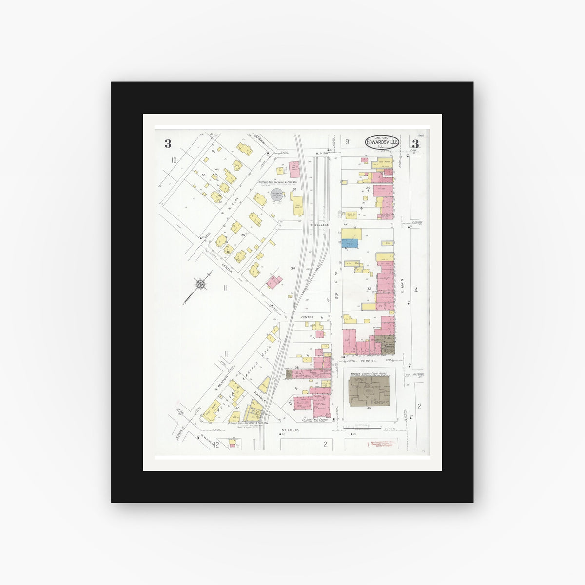 Old map wall art mockup — black gallery frame with white mat — Sanborn Fire Insurance Map from Edwardsville, Madison County, Illinois (1930), Sheet #0003