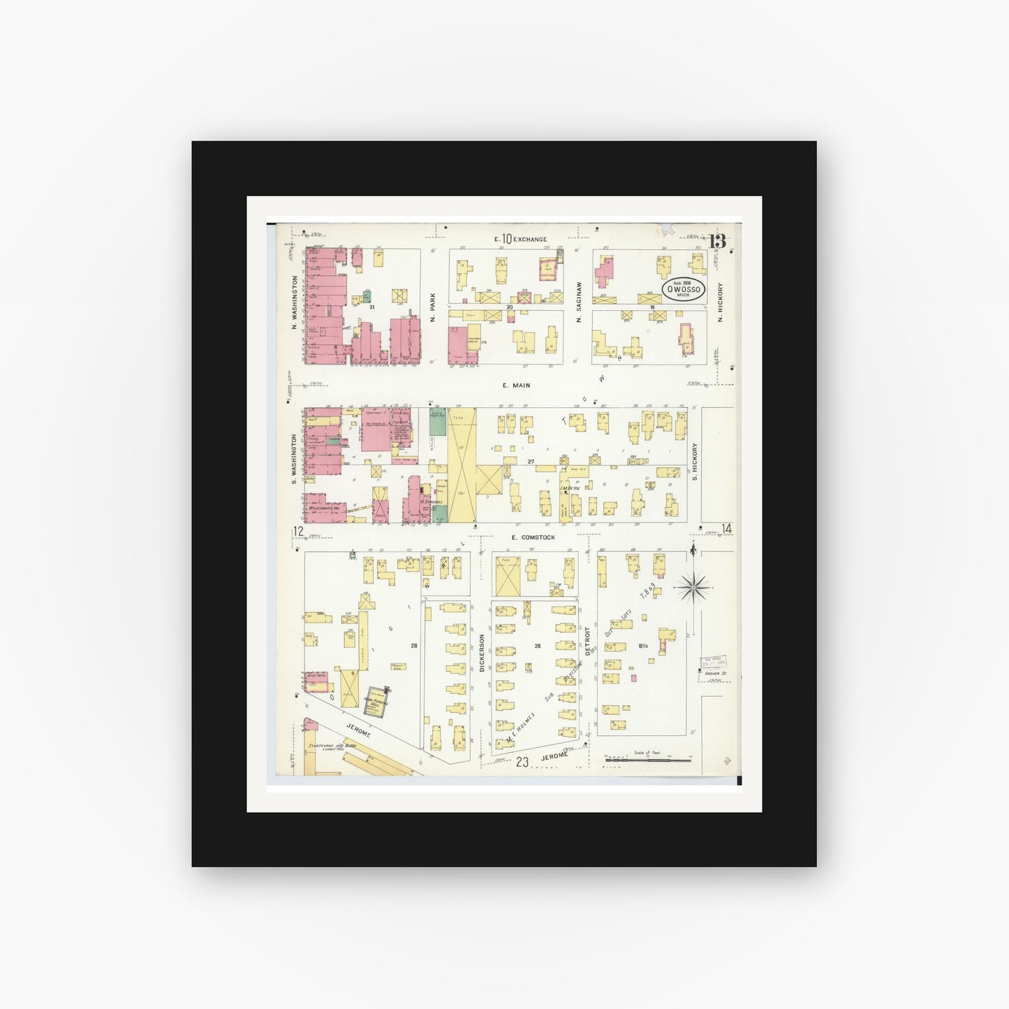 Old map wall art mockup — black gallery frame with white mat — Sanborn Fire Insurance Map from Owosso, Shiawassee County, Michigan (1908), Sheet #0013