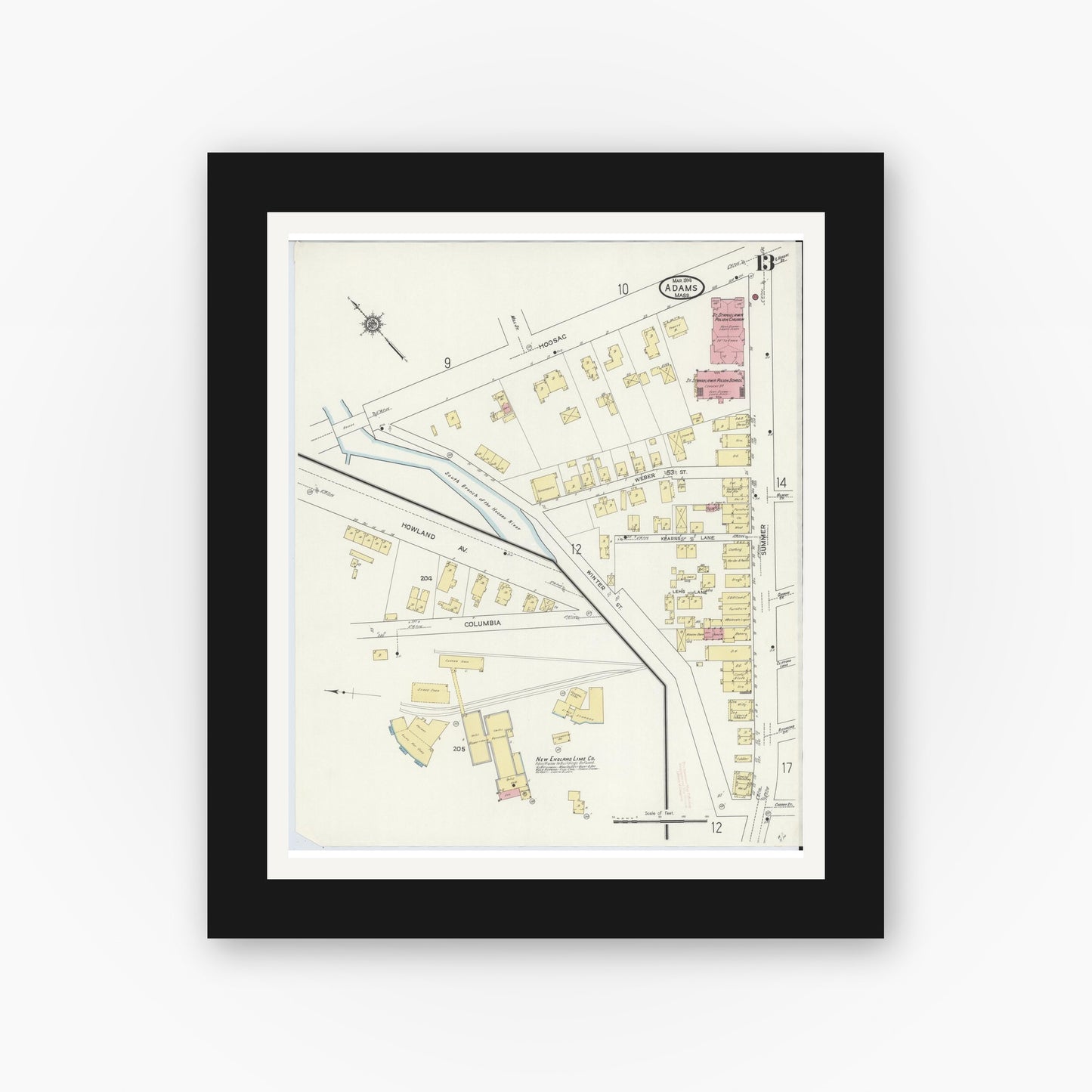 Old map wall art mockup — black gallery frame with white mat — Sanborn Fire Insurance Map from Adams, Berkshire County, Massachusetts (1914), Sheet #0013